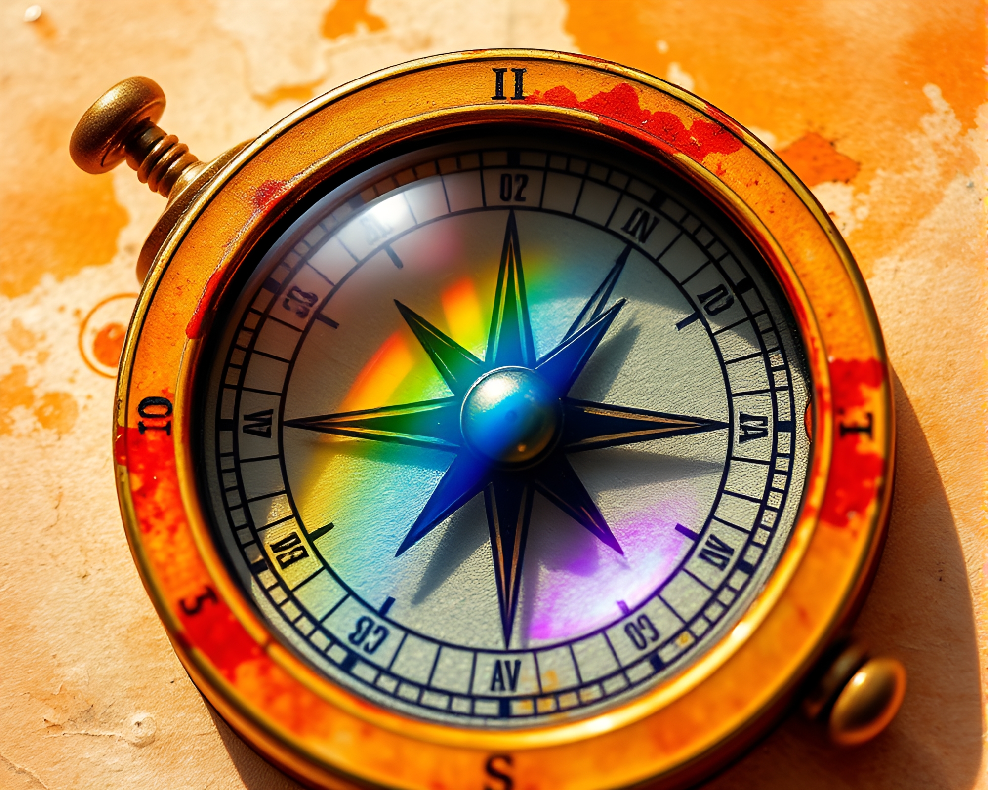 Rainbow Refraction: Antique Compass Watercolor Painting – free AI stock image