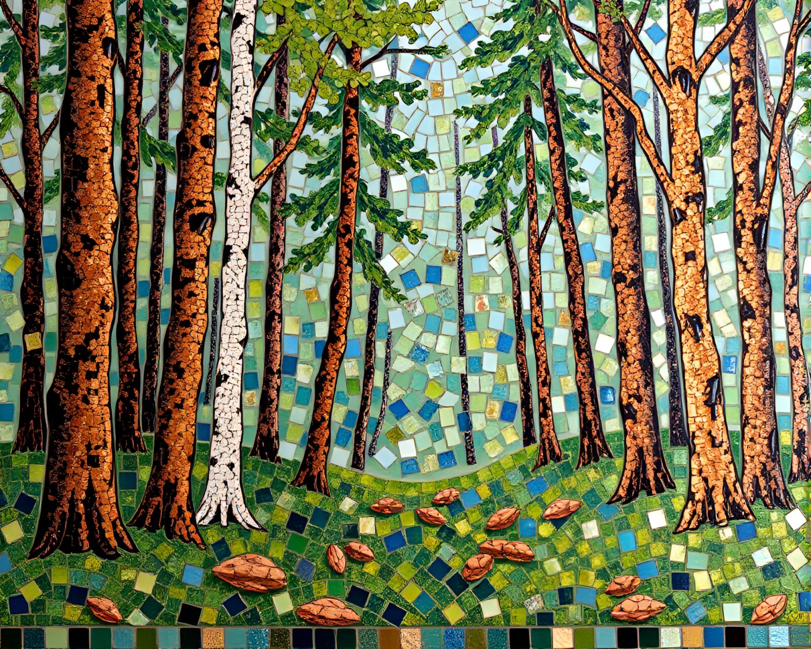 Ethereal forest scene with shimmering metallic tiles
