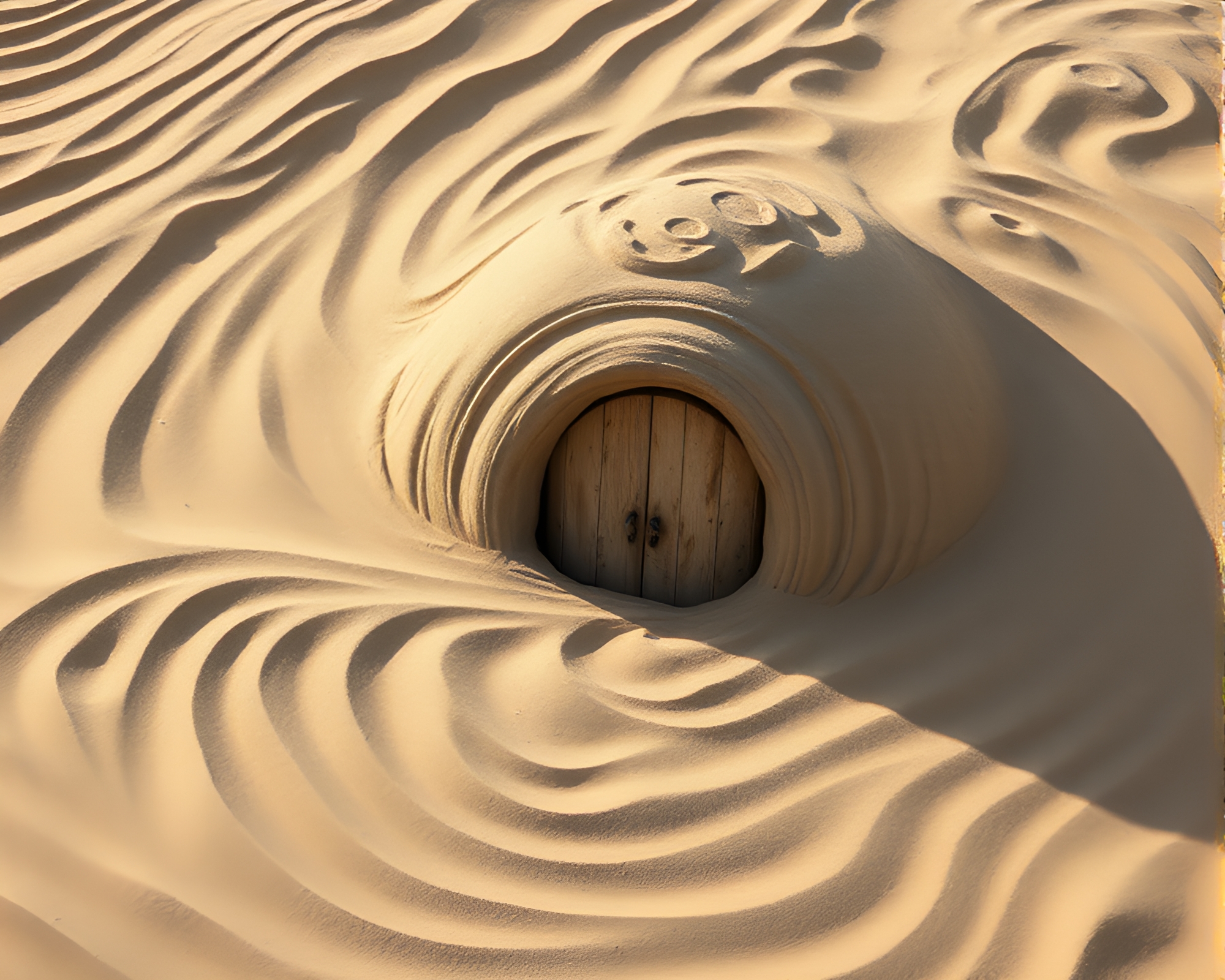 Swirling Sand Pattern Surrounding Bright Mud Hut – free AI stock image