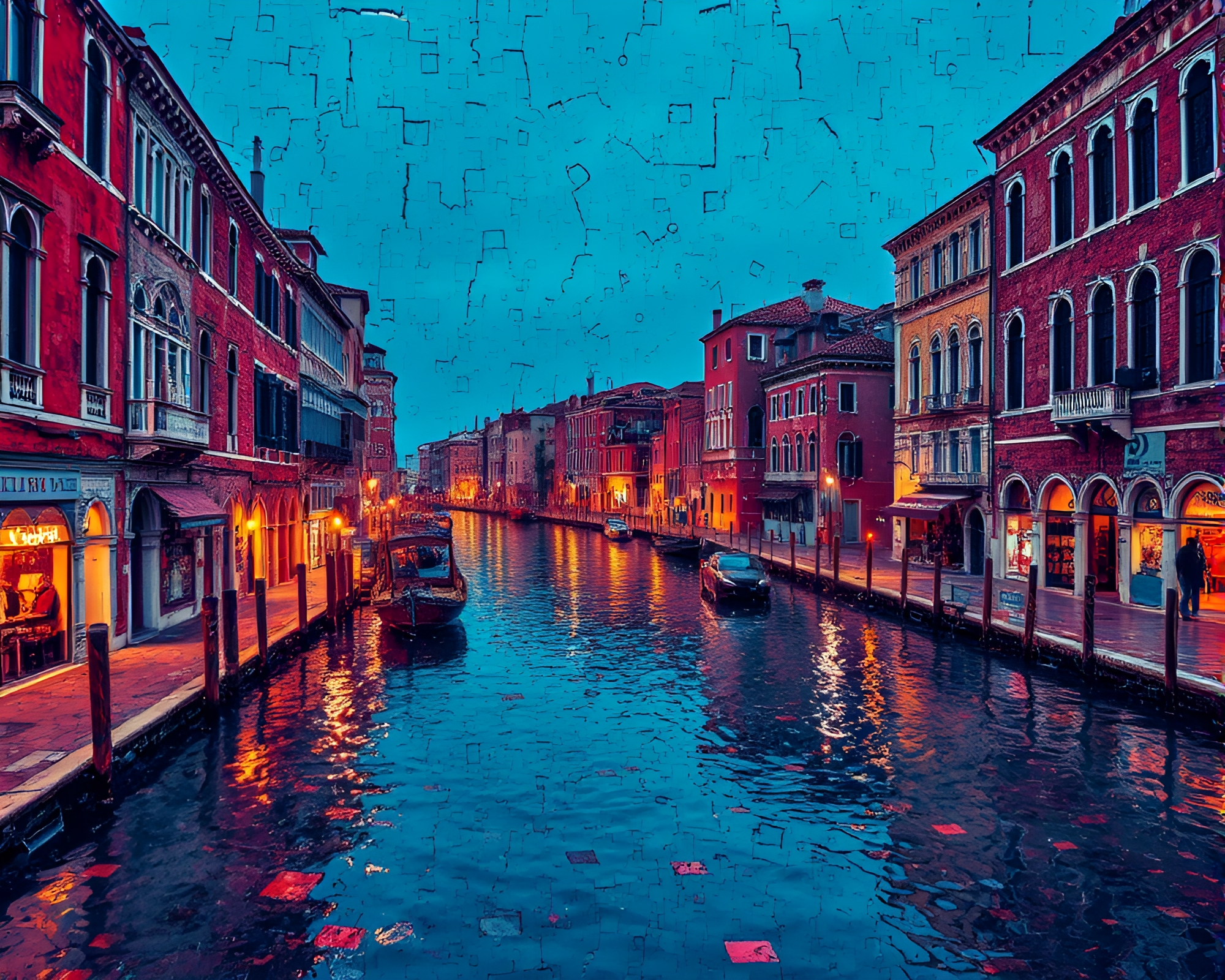 Venetian Canal Reflections in Thermal Rain Mosaic – free AI stock image