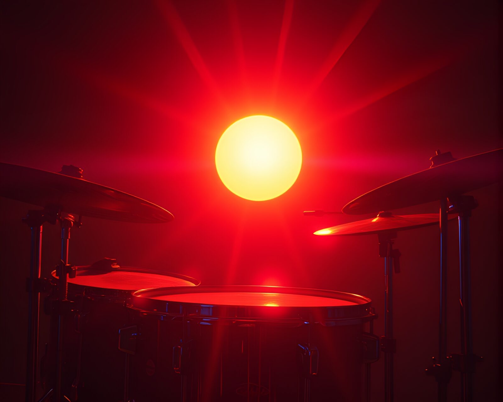 Digital art of drumset glowing with blue sun glare