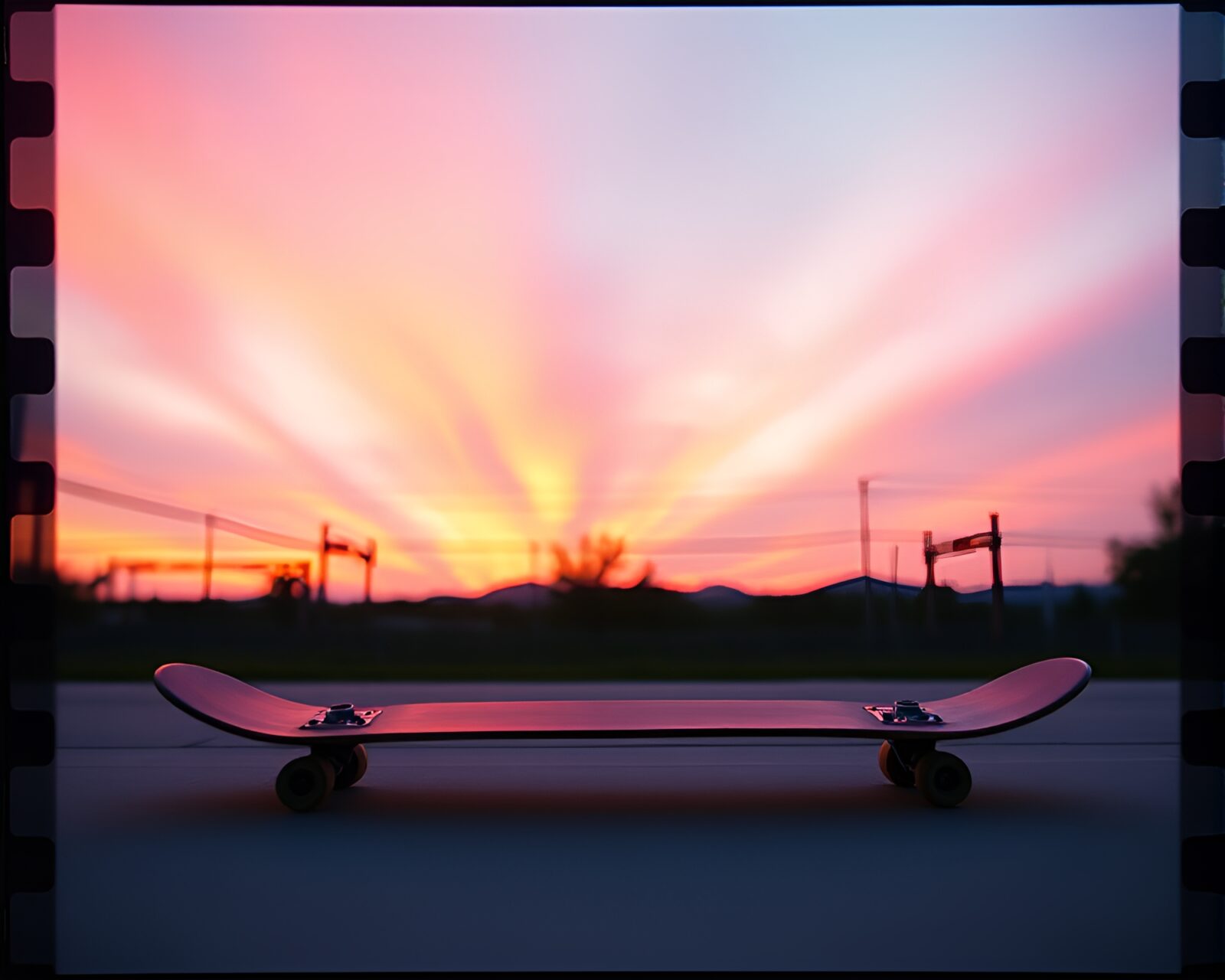 Skateboarder performing under vibrant aurora borealis lights