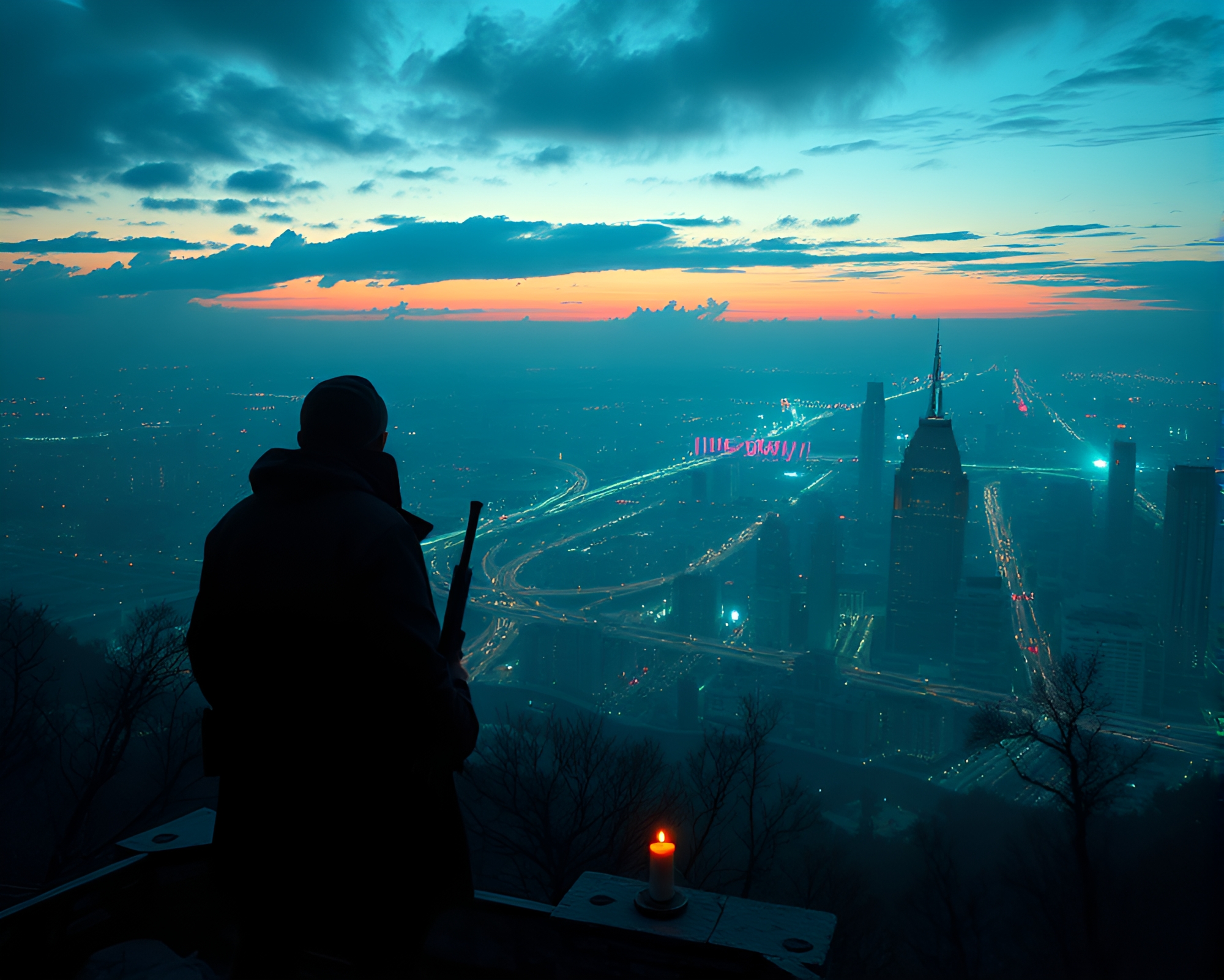 Teal Cyberpunk Vigilante in Candlelit Panorama – free AI stock image