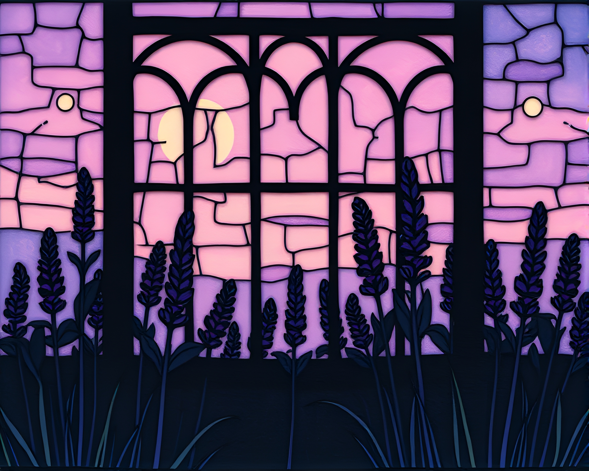 Twilight Stained-Glass Woodblock Serenity – free AI stock image