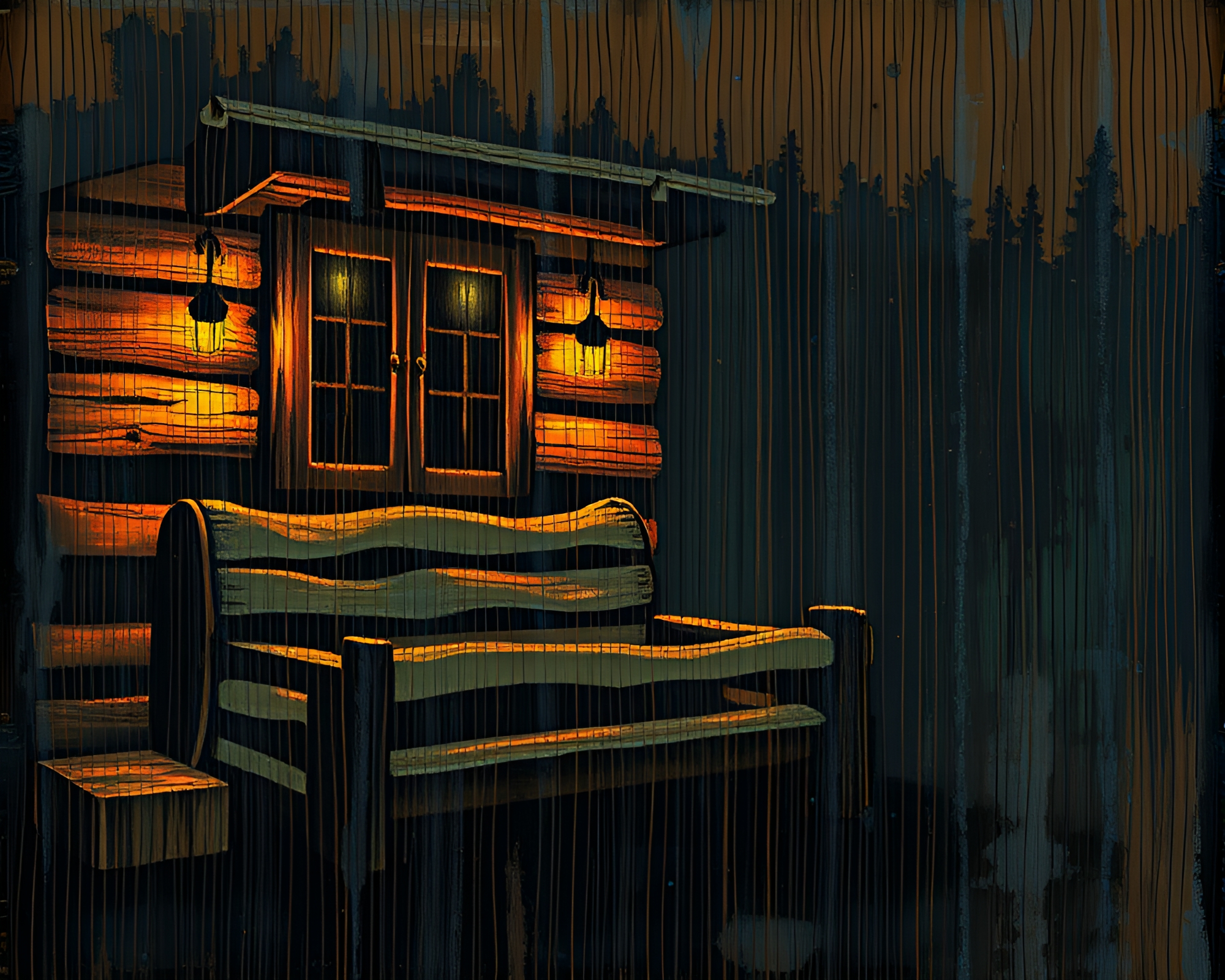 Phosphorescent Rustic Cabin Stitched Pattern Dripped Paint – free AI stock image