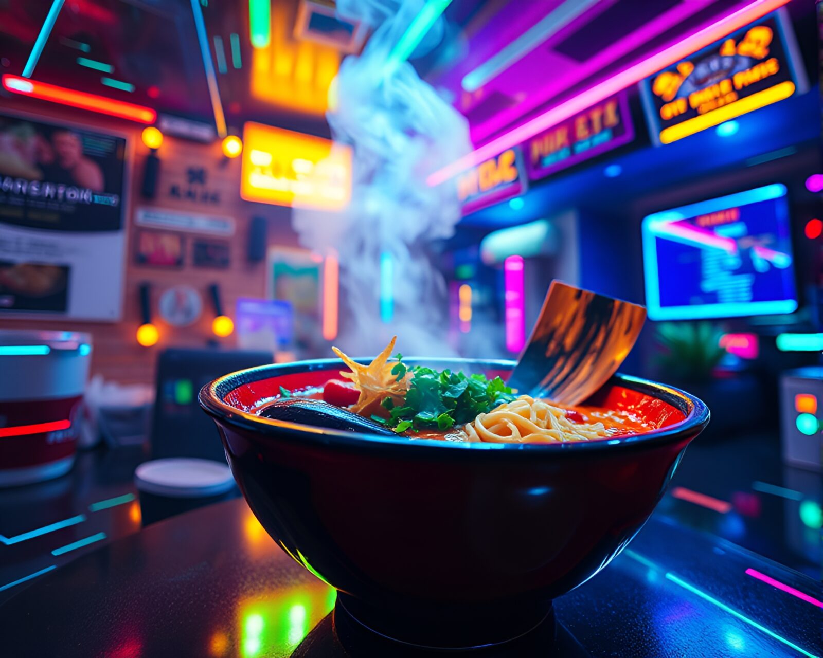 Futuristic HUD Ramen bowl glowing in ultraviolet light
