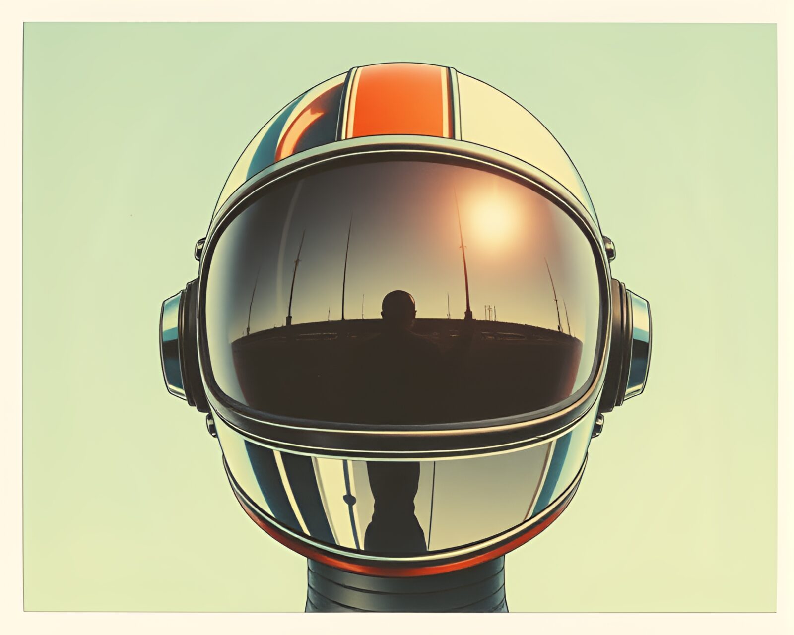 Vintage polaroid style helmet with double reflection, technical illustration