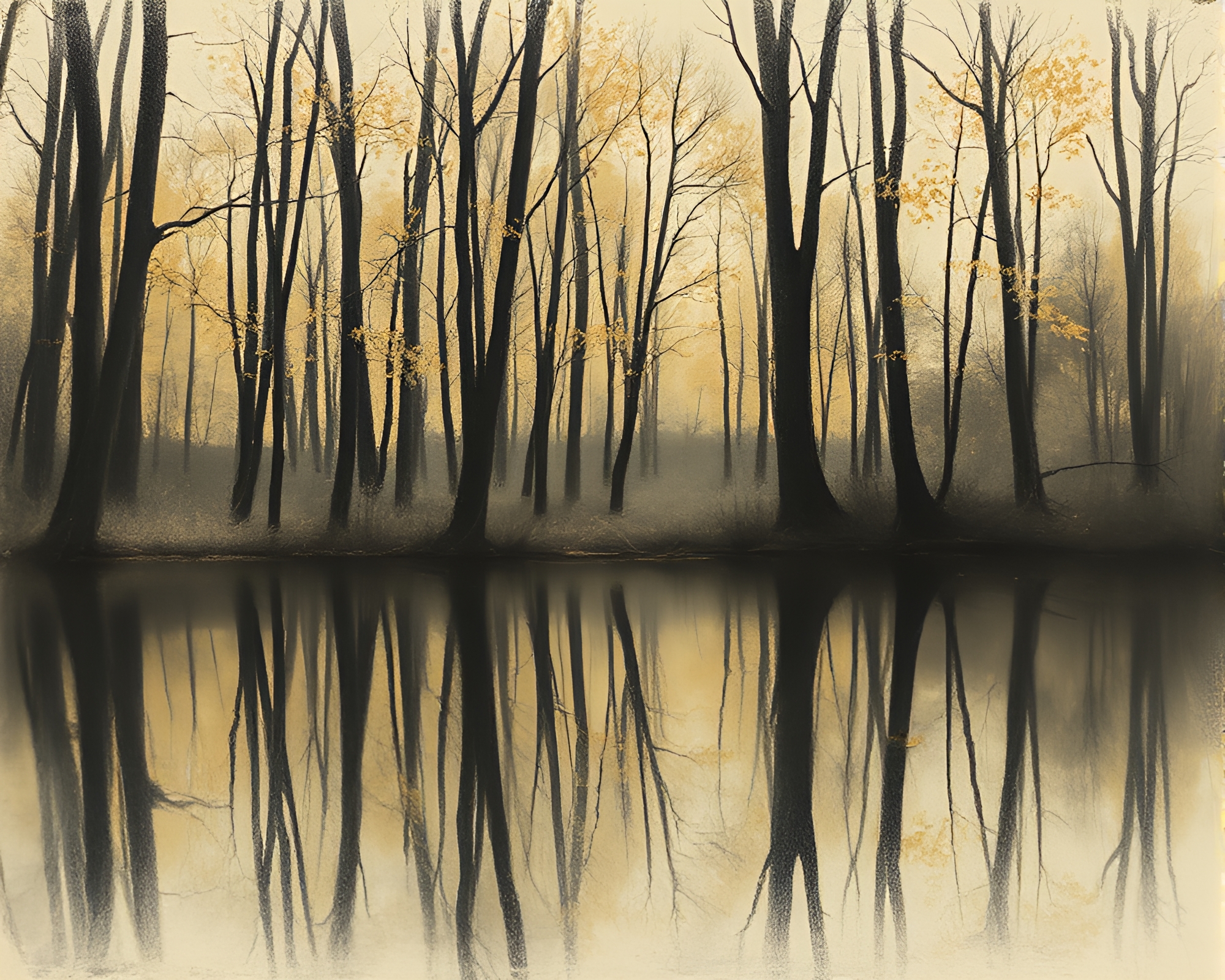 Autumn Forest Reflections: Expired Film Charcoal Sketch – free AI stock image