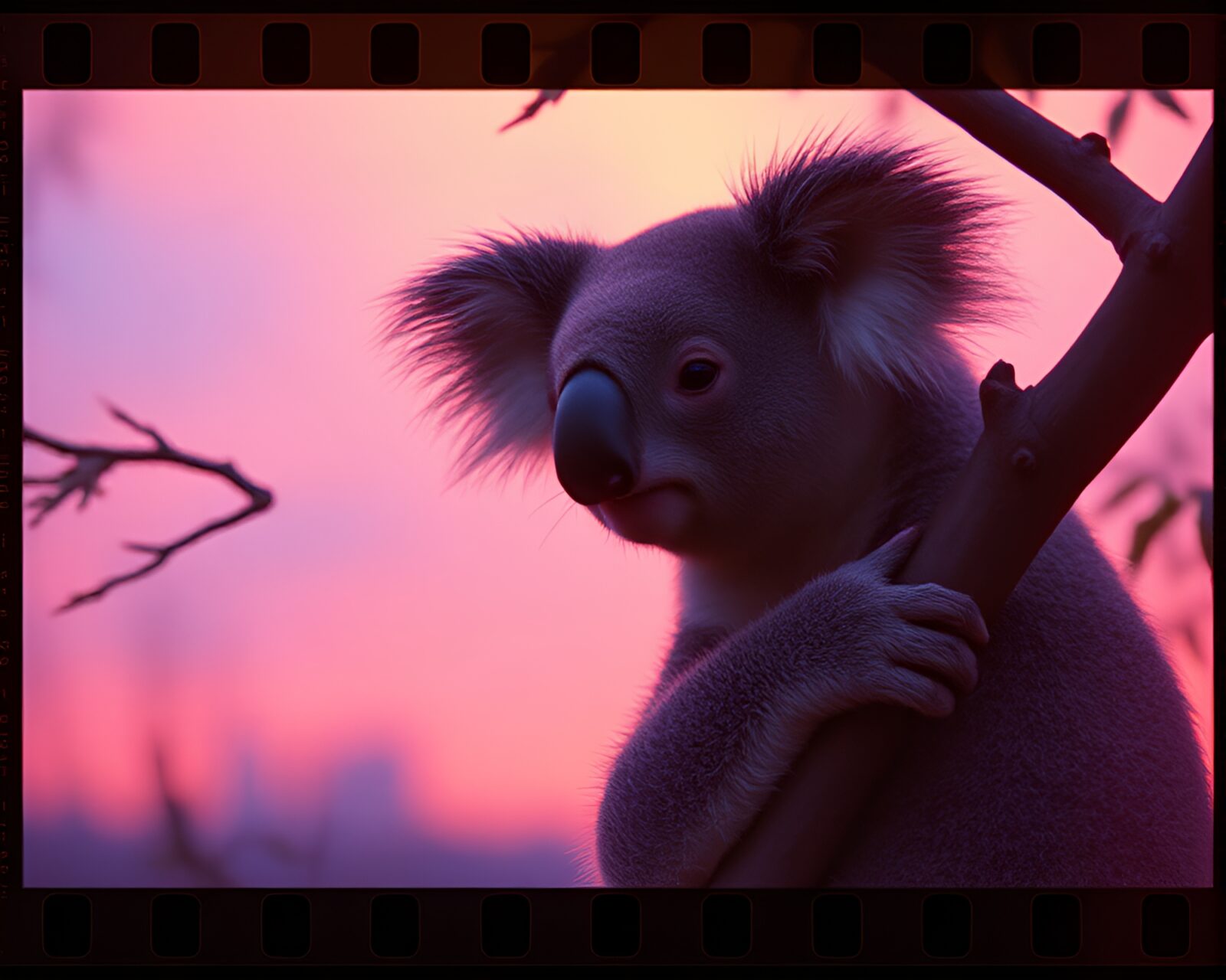 A dreamy impressionist painting of a koala amid film sprocket holes at twilight