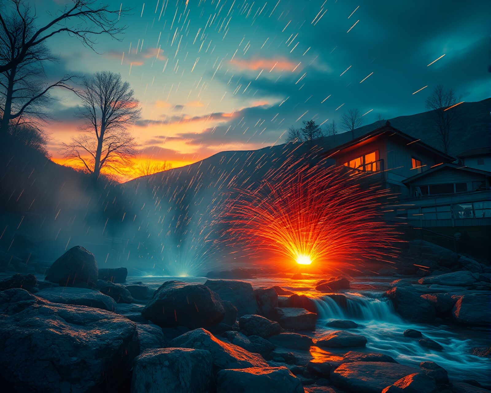 Line art of hot spring with zoom burst effect