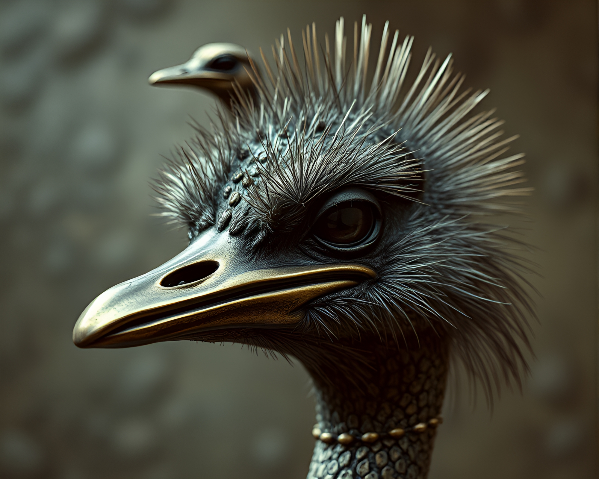 Futuristic Ostrich Statue with Bronze Patina Finish – free AI stock image