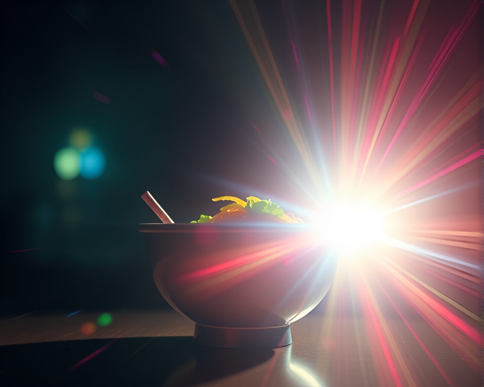 Colorful backscatter flare effect on ramen bowl in animation