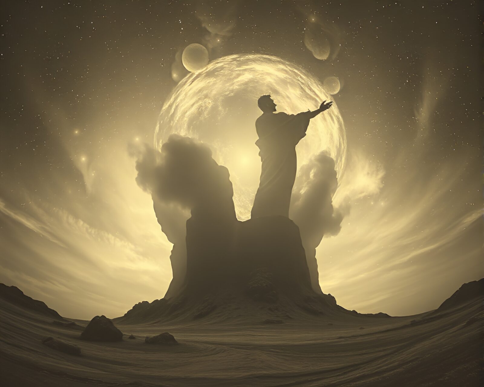 Wide-angle view of ethereal astral projection scene in sepia.