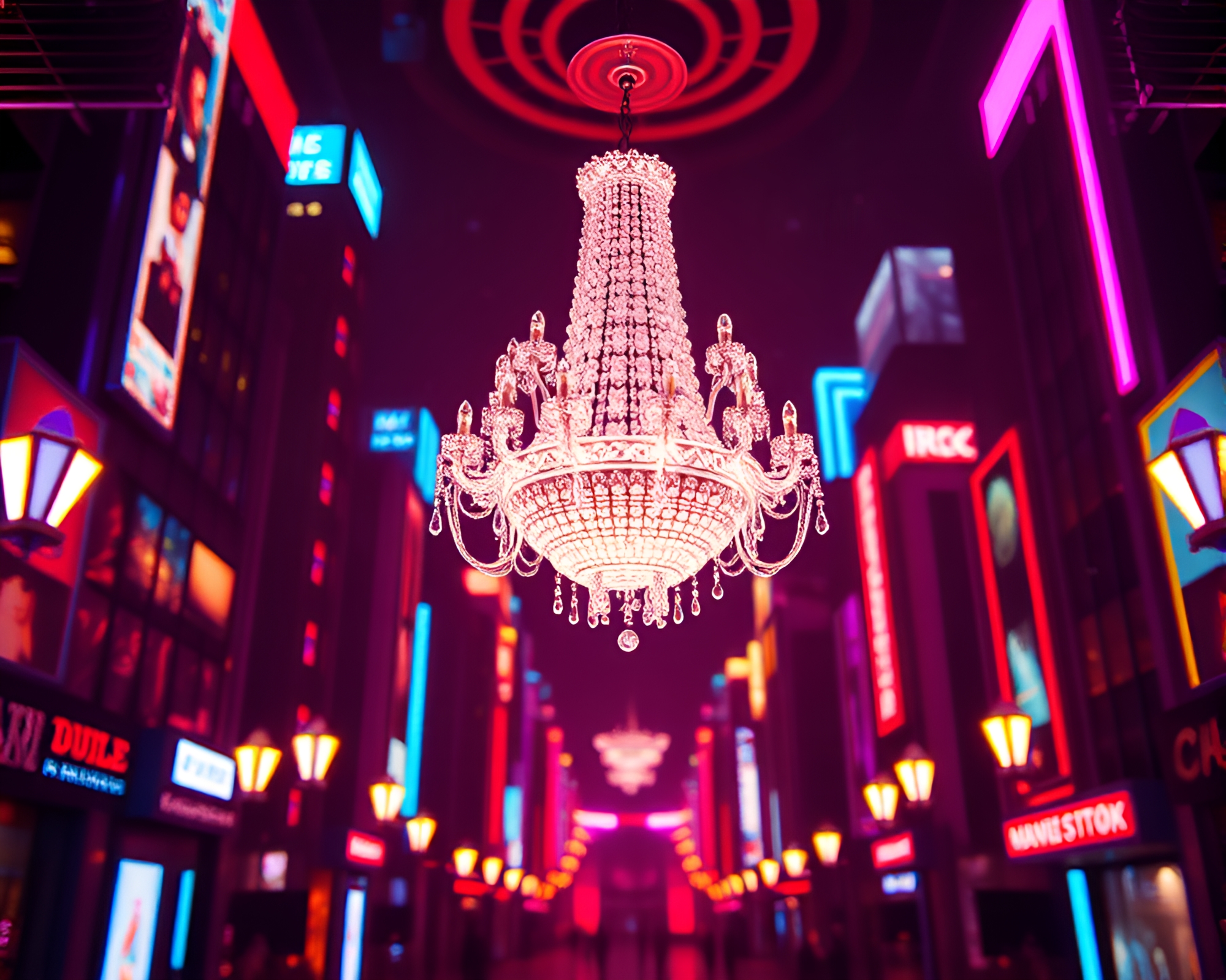 Neon City Crystal Chandelier Voxel Vibe – free AI stock image