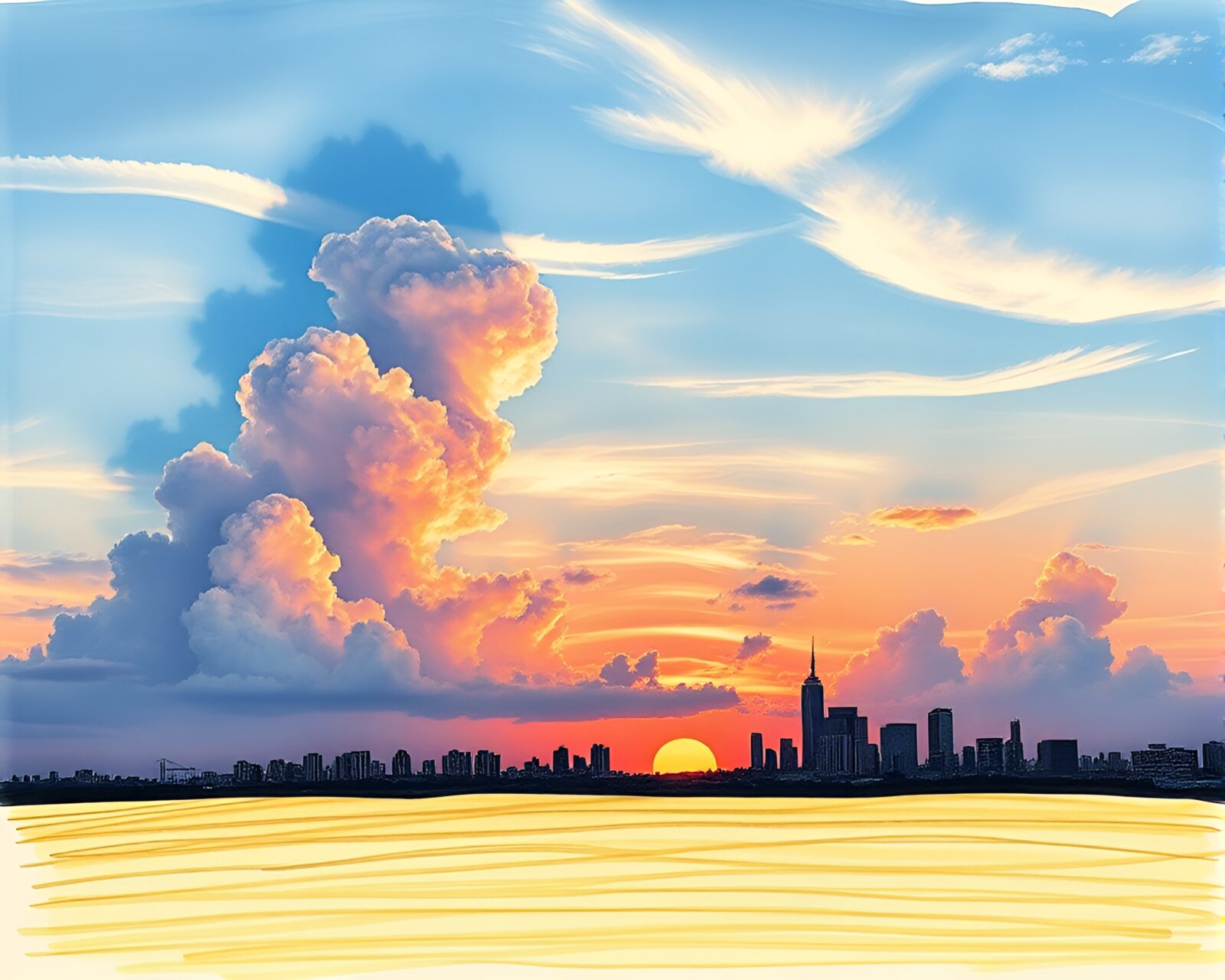 Vibrant collage with handwritten letters merging into stunning cloud formations at sunset