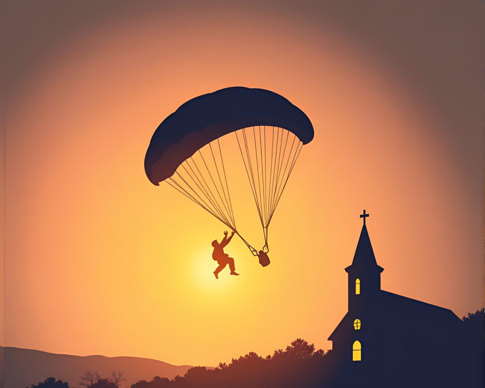 A mesmerizing medical illustration of a parachutist in silhouette against a candlelit church background