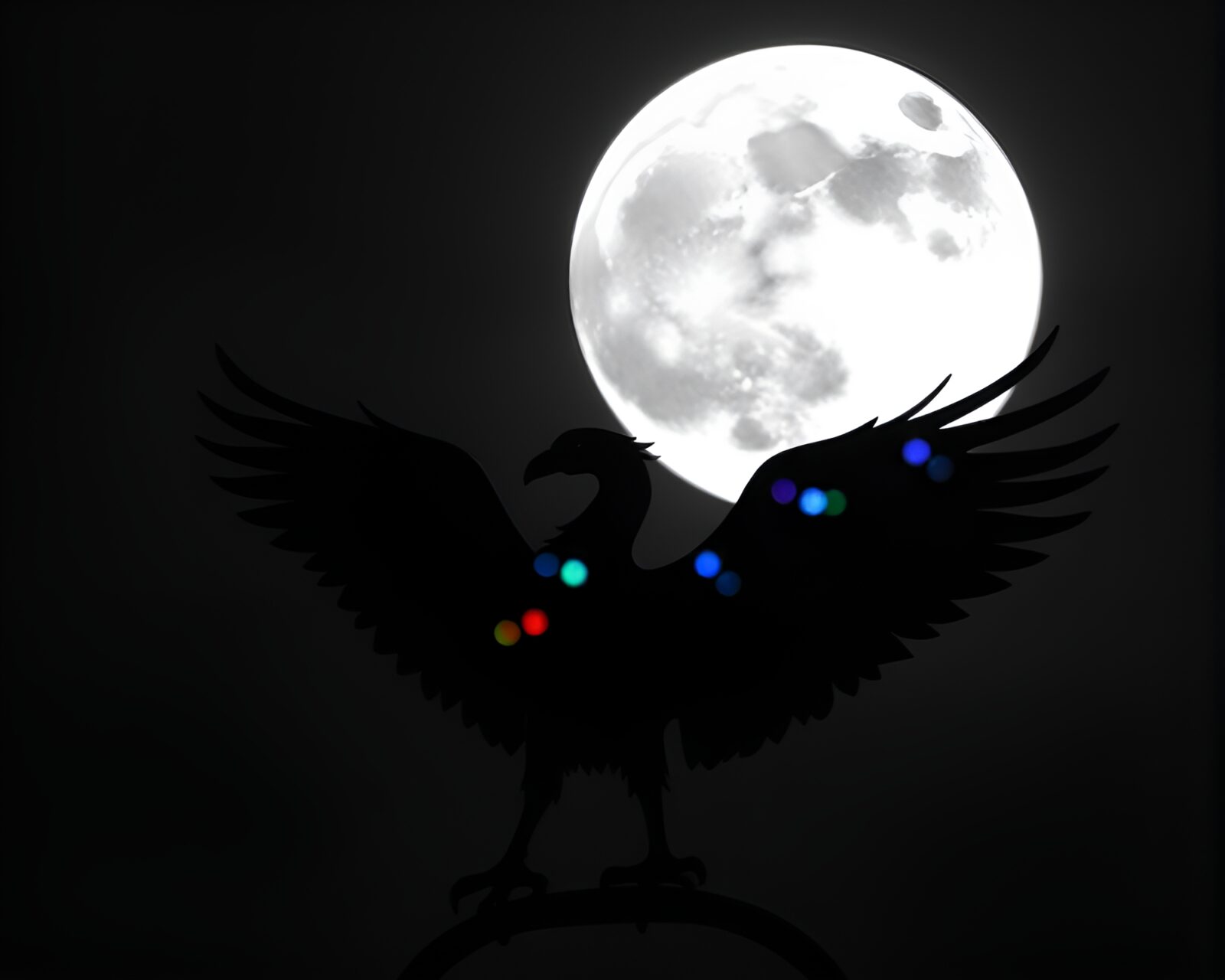 Majestic Phoenix hologram in lunar grayscale, black background