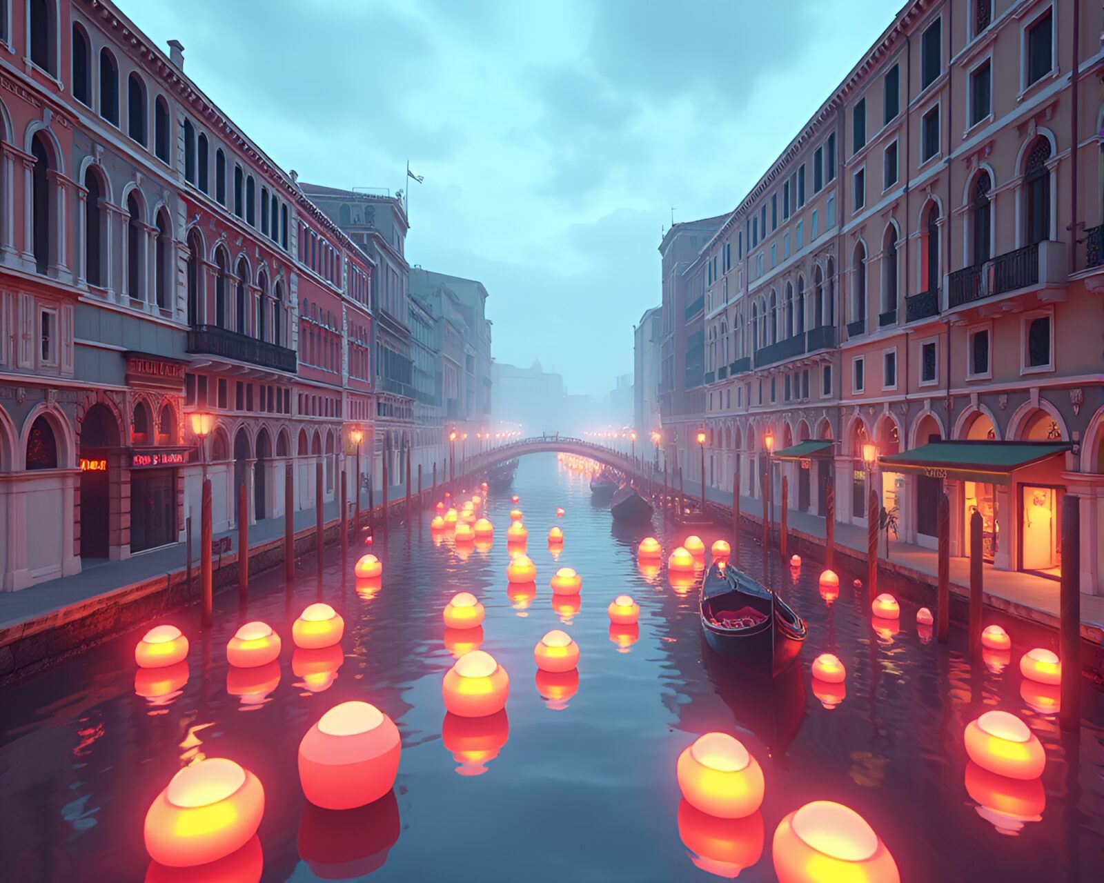 Low-poly 3D render of pastel neon Venice canal at night