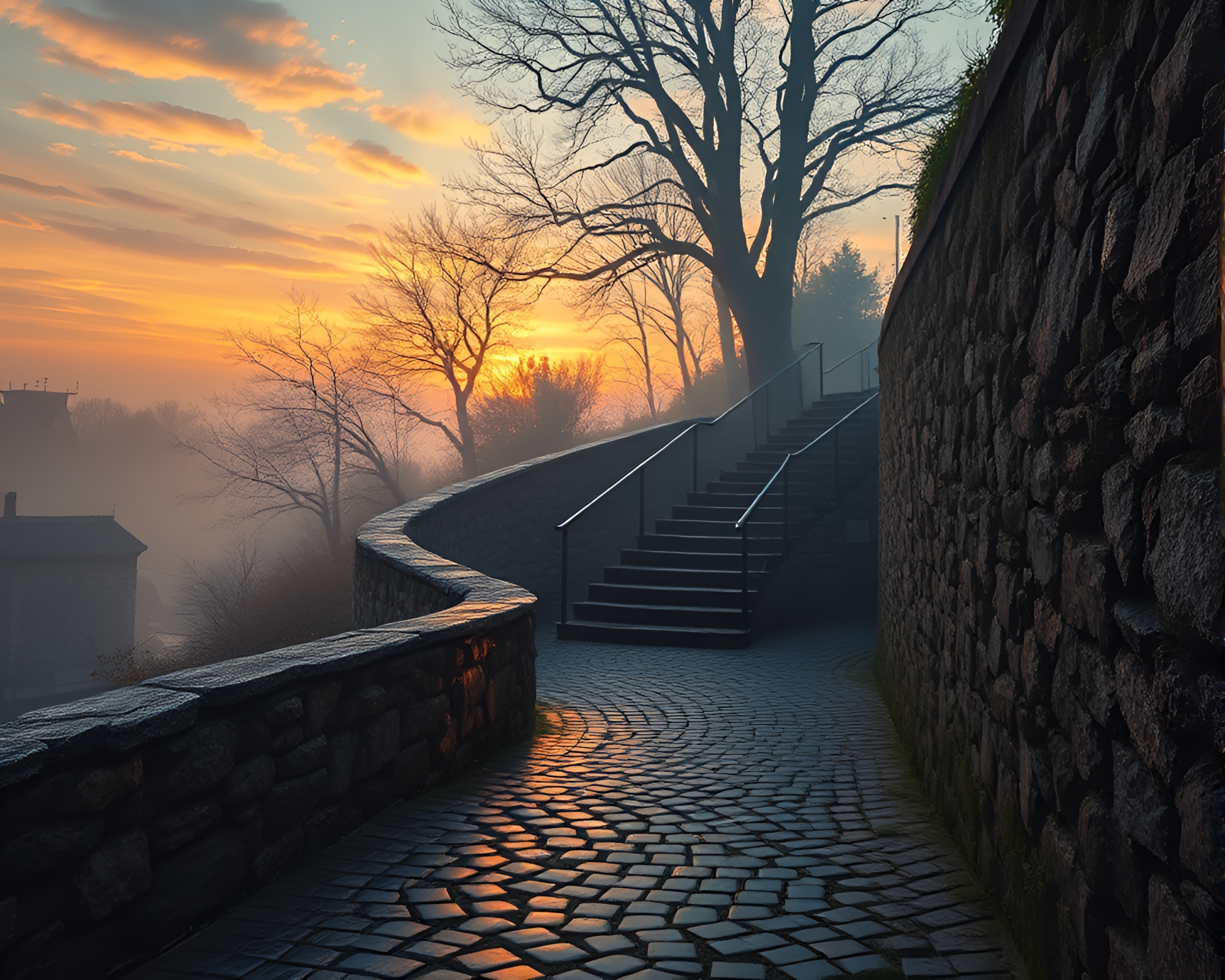 Dawn Mist Escher Staircase on Cobblestone Path – free AI stock image