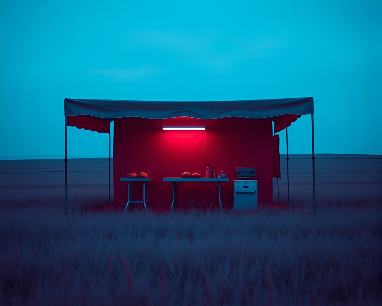 Sleek modern taco stand glowing in red-blue hues.