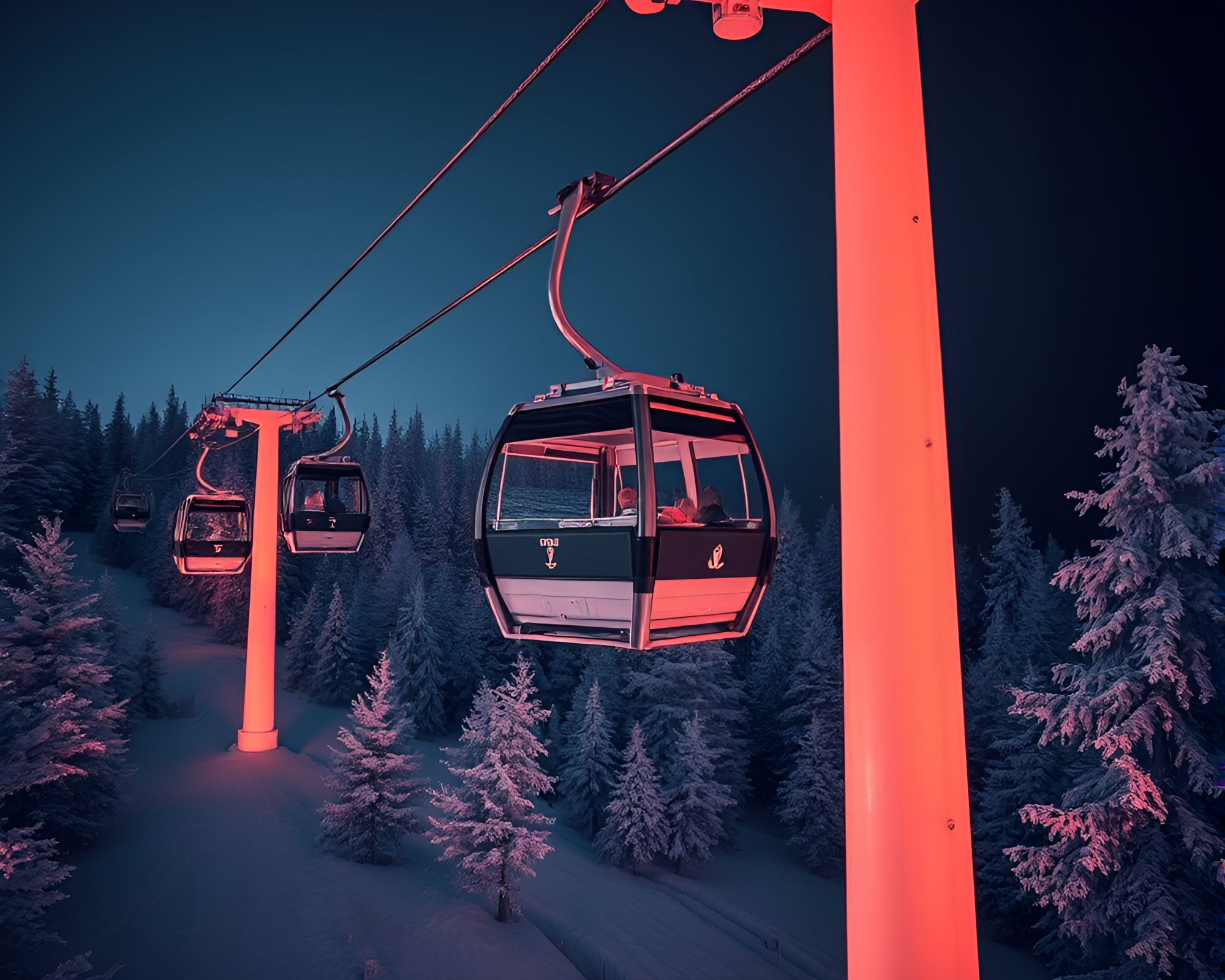 Mystical Gondola Lift Reflections in Infrared Radiance – free AI stock image