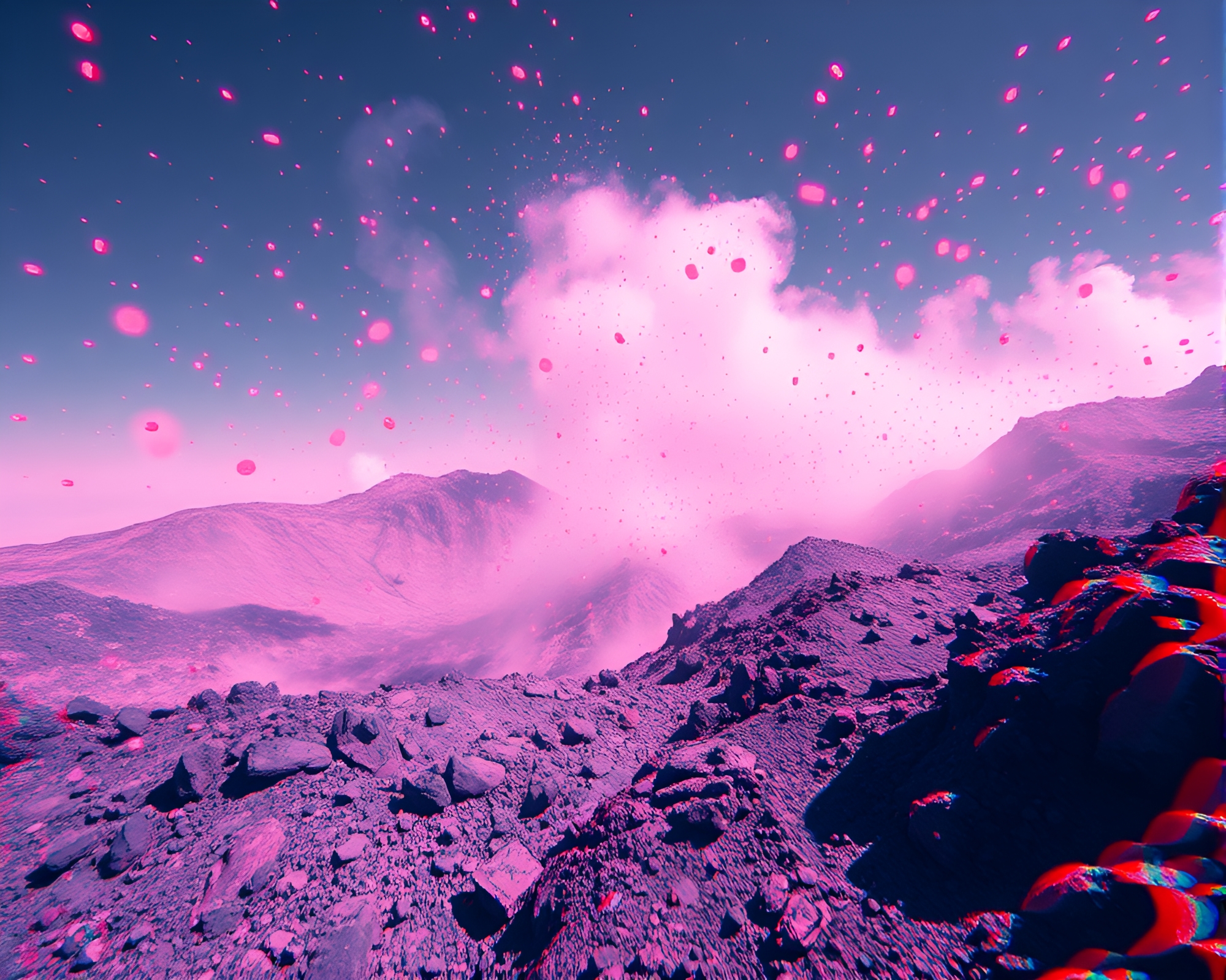 Surreal Sky Garden: Volcanic Ash 3D Particles – free AI stock image