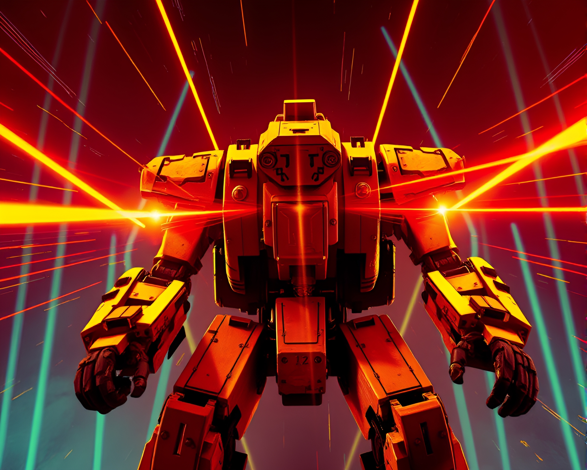 Futuristic Battle Mech Engulfed in Yellow Laser Beams – free AI stock image
