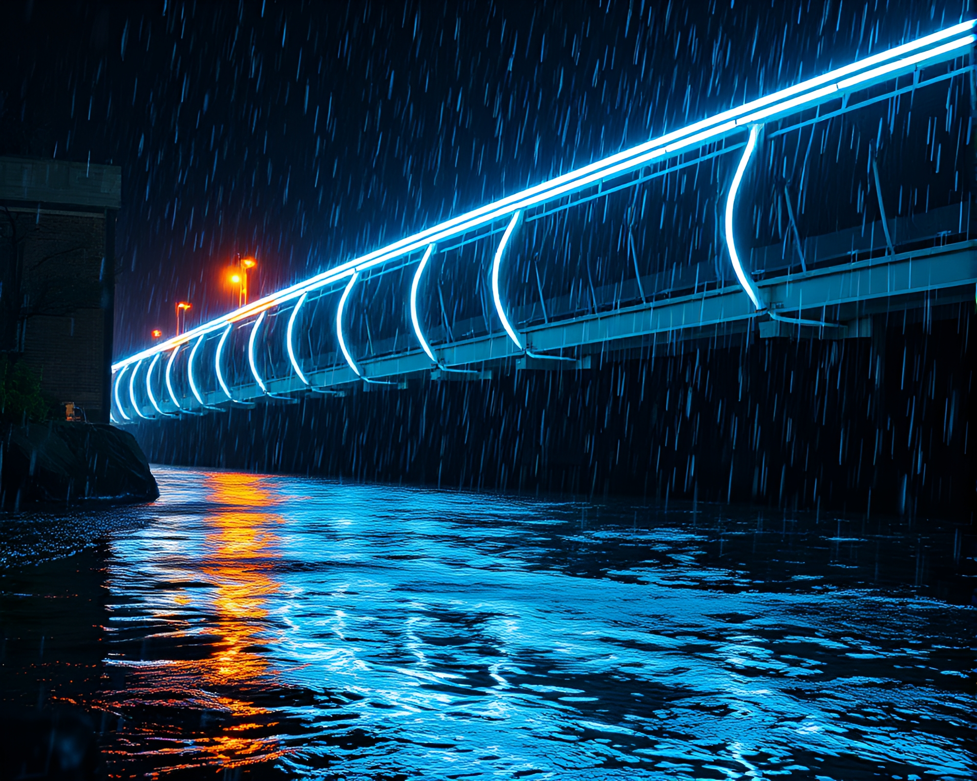 Neon Lit River Reflections in Rainy Lens Flare – free AI stock image