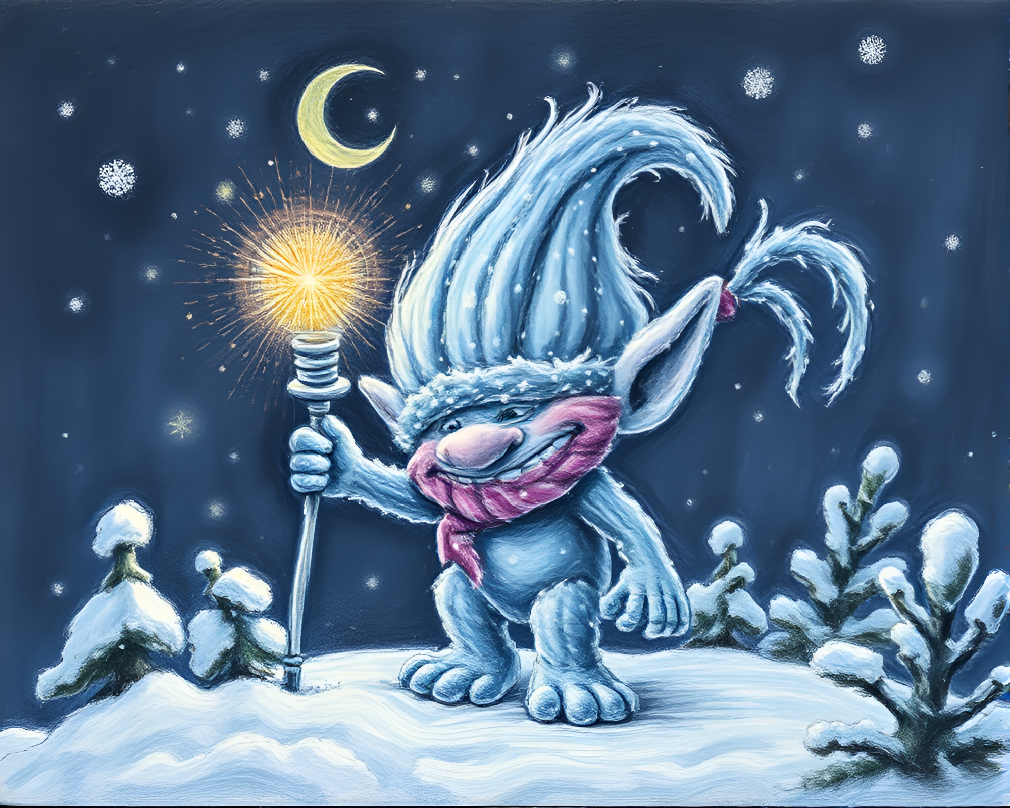 LED Pixel Troll in Snow-Kissed Conté Crayon Drawing – free AI stock image