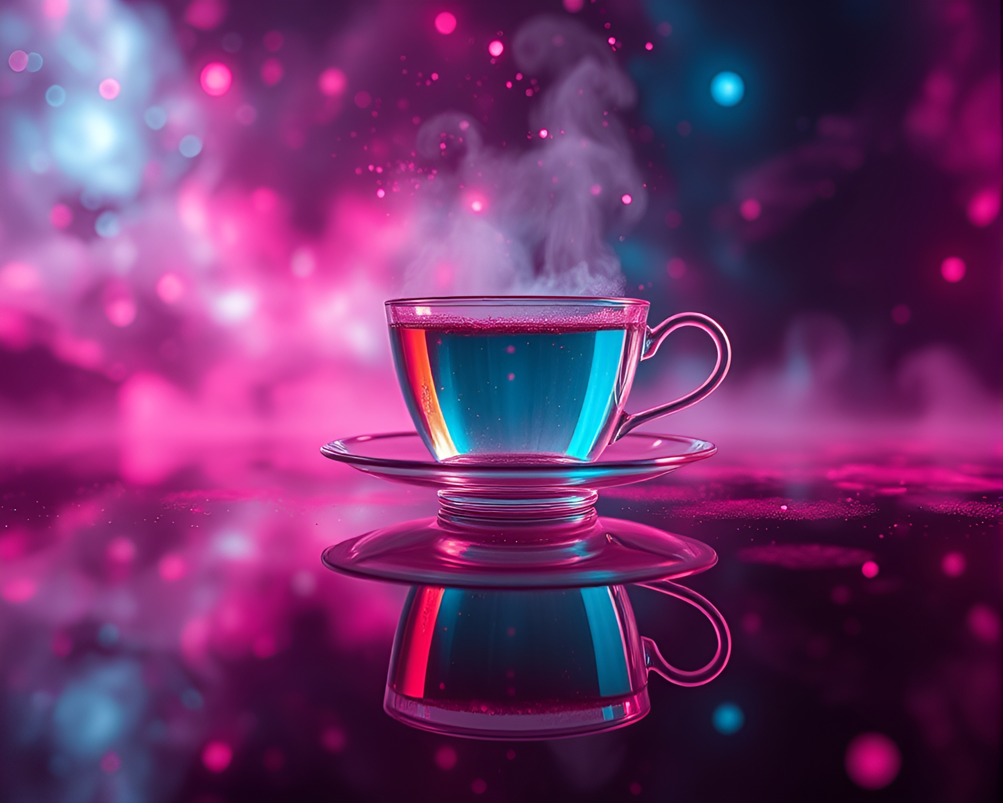 Floating Tea Cup in Neon Cosmic Dust Reflections – free AI stock image