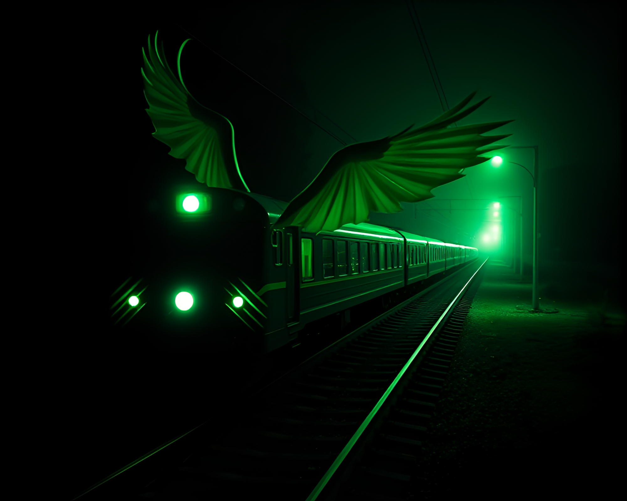 Gryphon Train Light Trails in Monochrome Green – free AI stock image