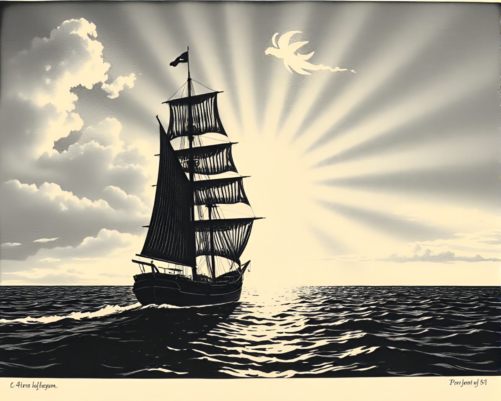 Classic sailing ship with glowing god rays in linocut style