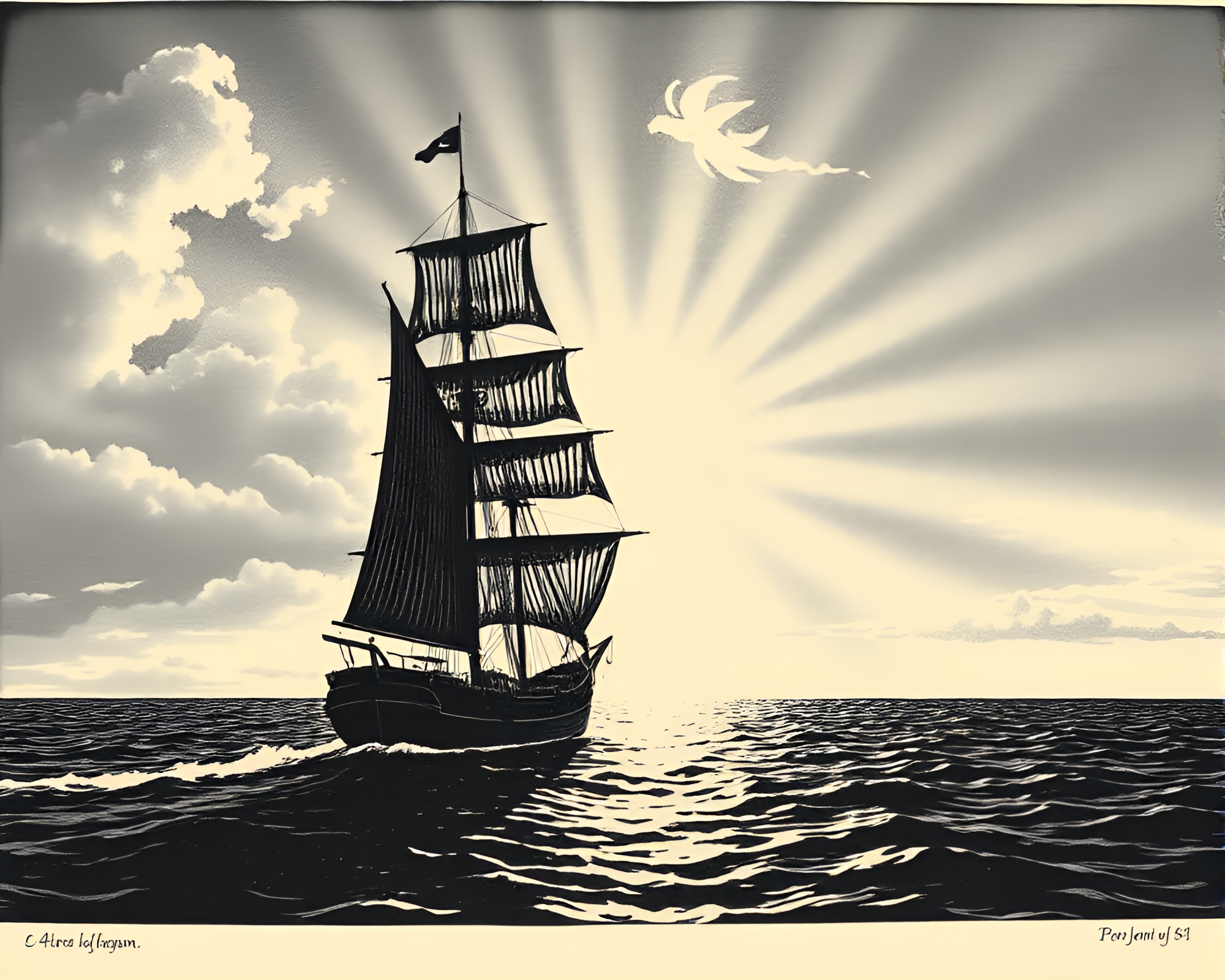 Majestic Linocut Sailing Ship with God Rays – free AI stock image