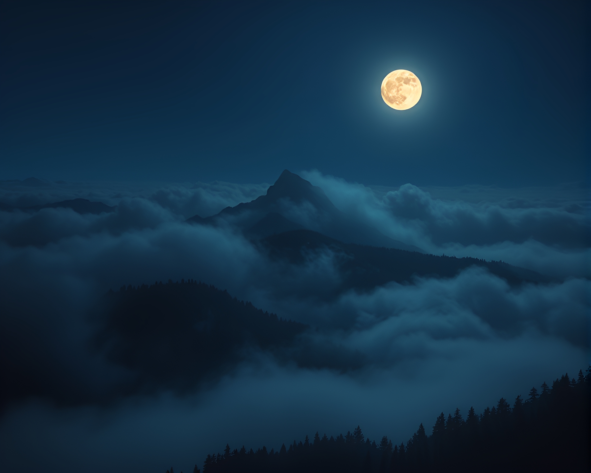Moonlit Mist: Overhead View of Enigmatic Mountain – free AI stock image