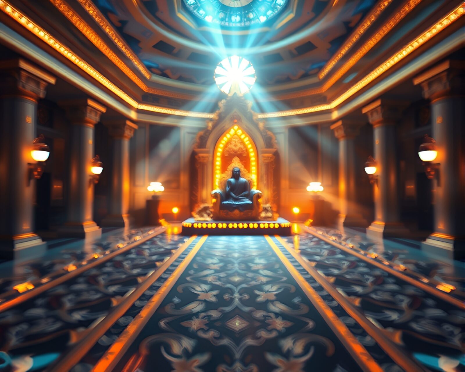 Glowing throne room with taxi blur streaking through