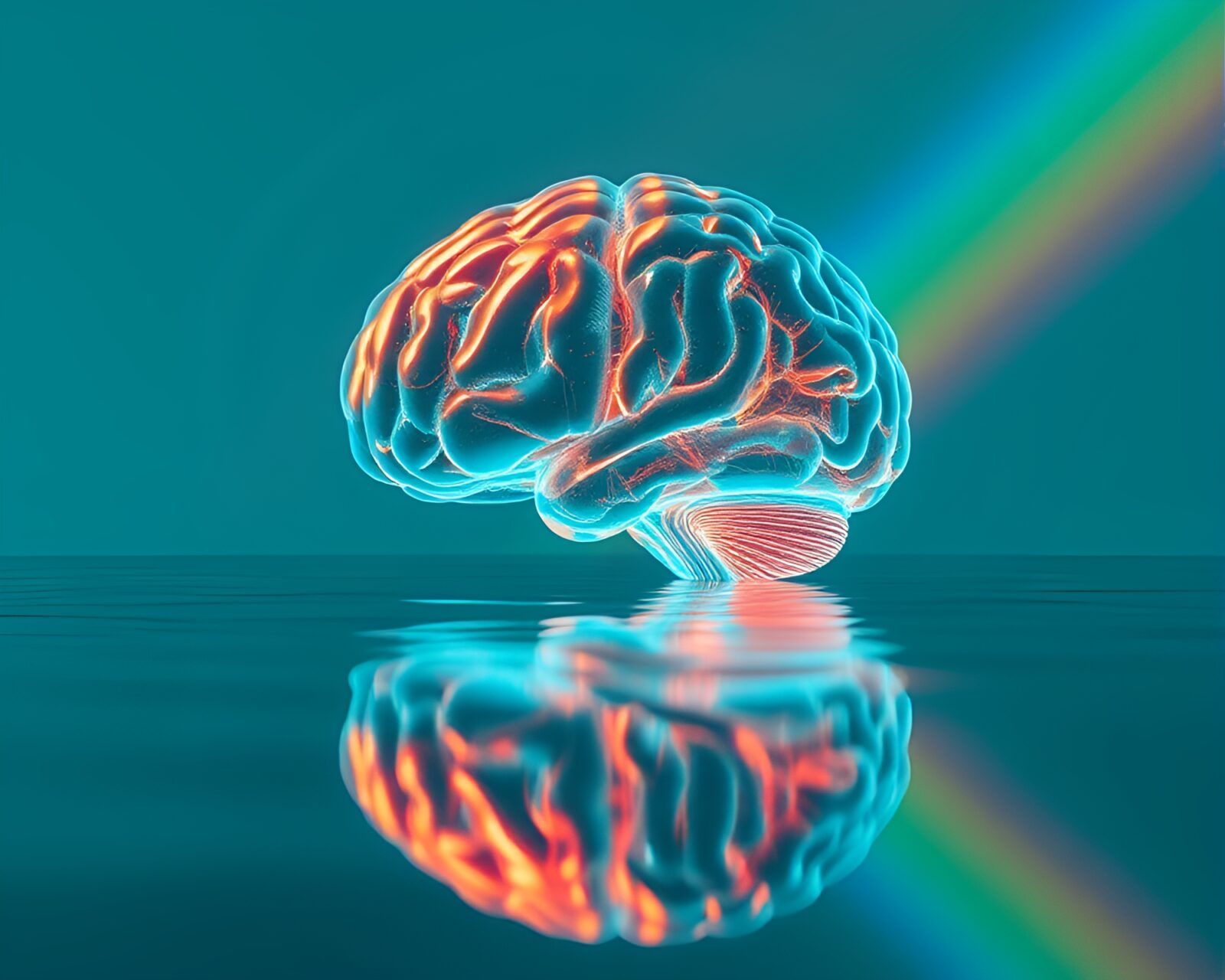 Hyper-realistic image of rainbow light refracting in AI neural network