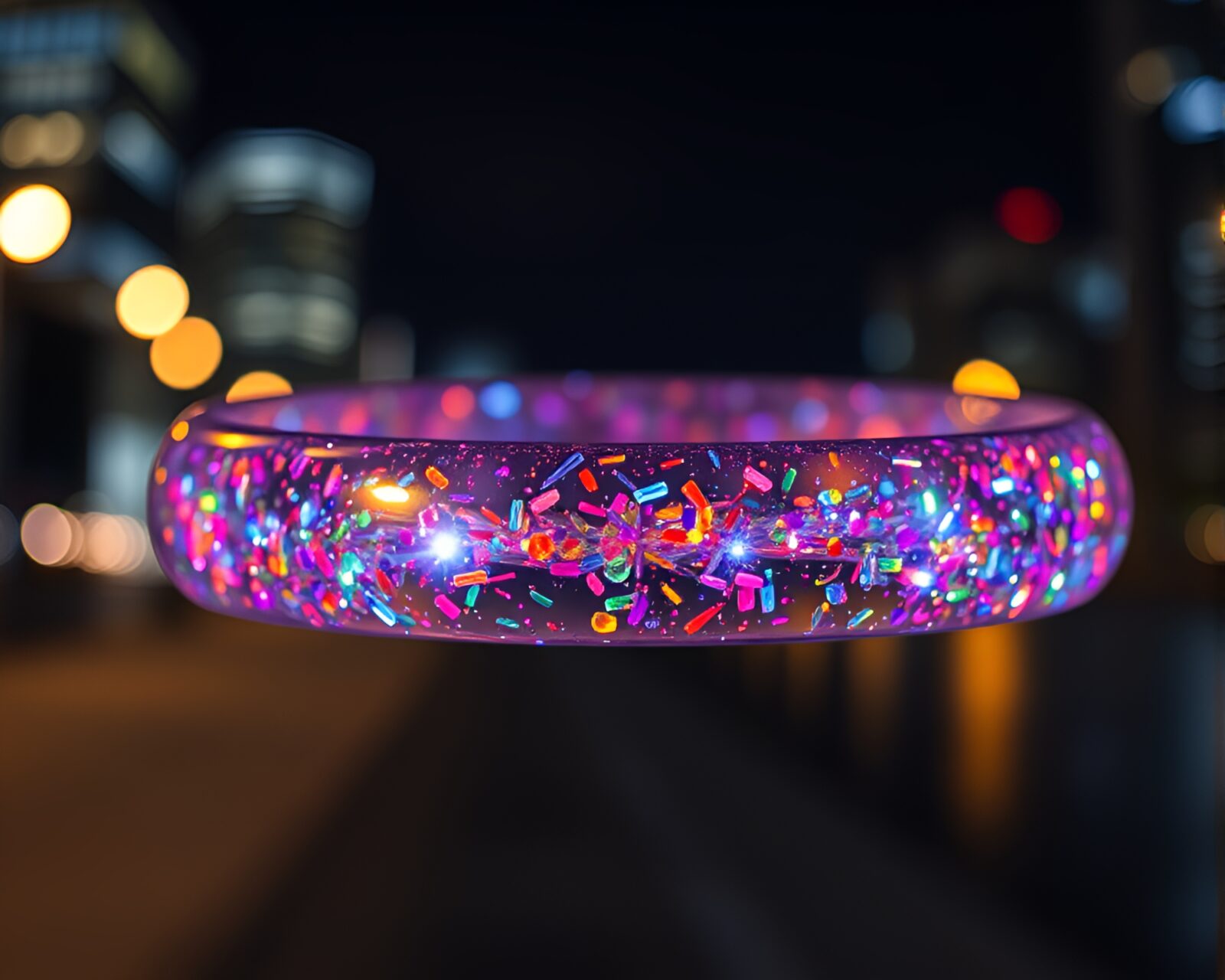 Vibrant spattered acrylic bracelet glowing in city lights darkness