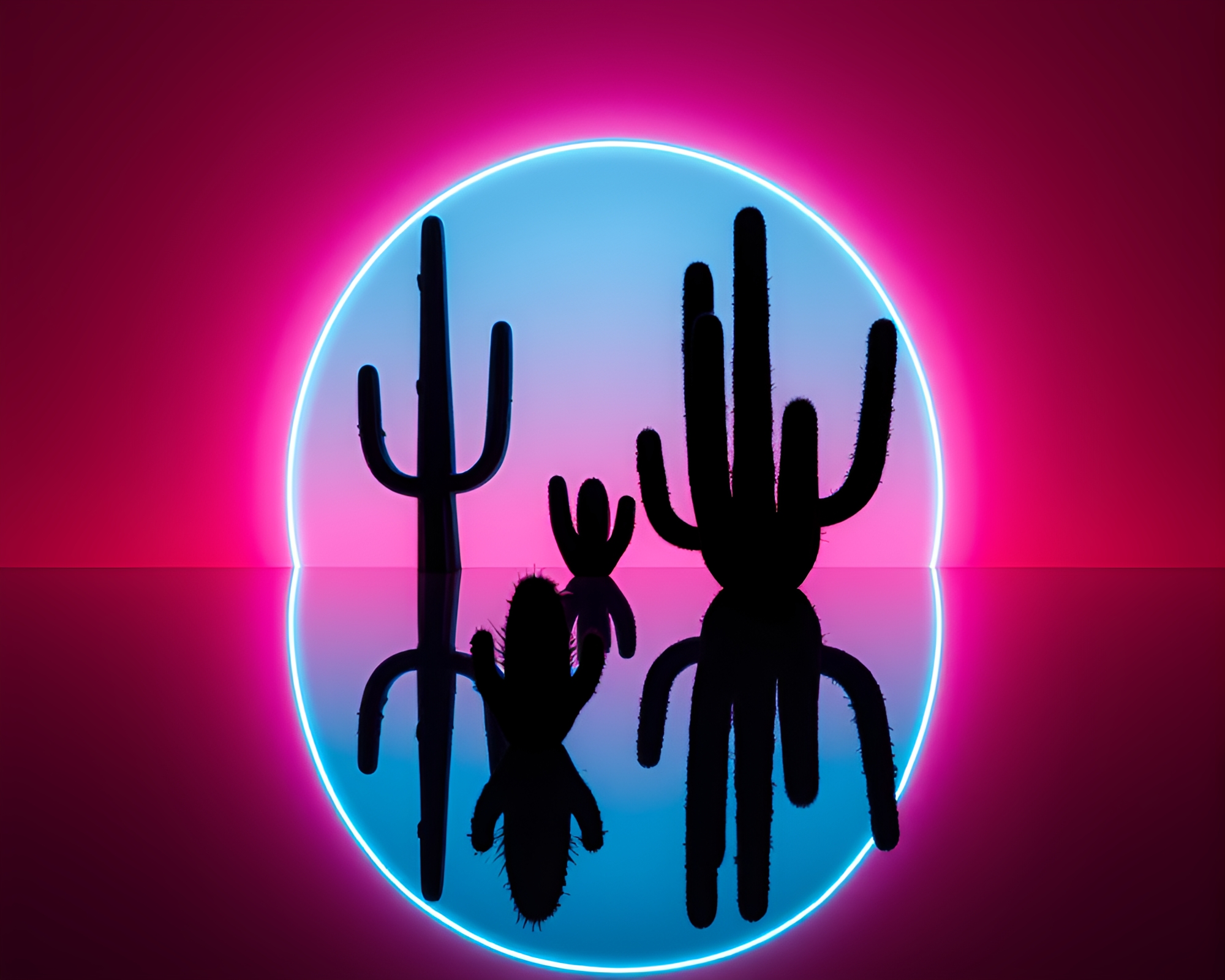 Neon Cactus Reflection Silhouette in HDR Minimalism – free AI stock image