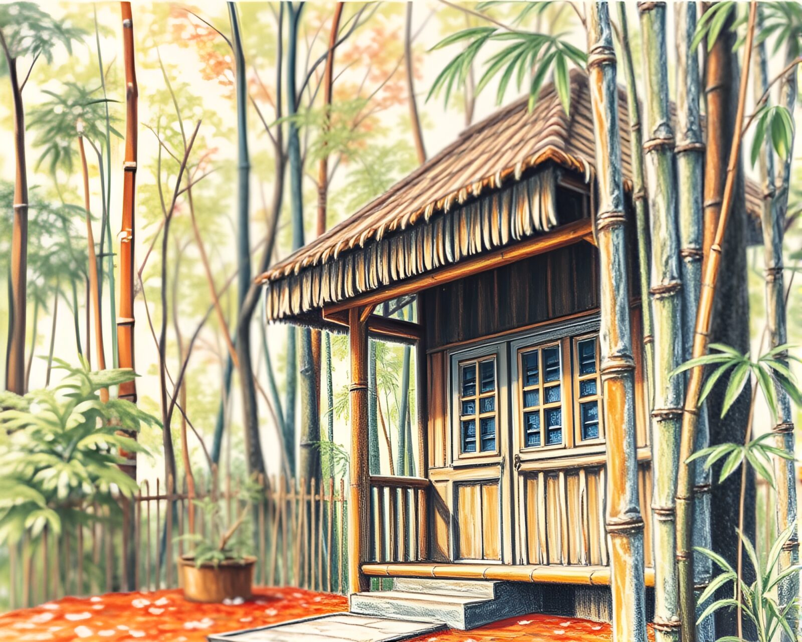 Conté crayon-style drawing of elaborate bamboo hut surrounded by dreamy, colorful light