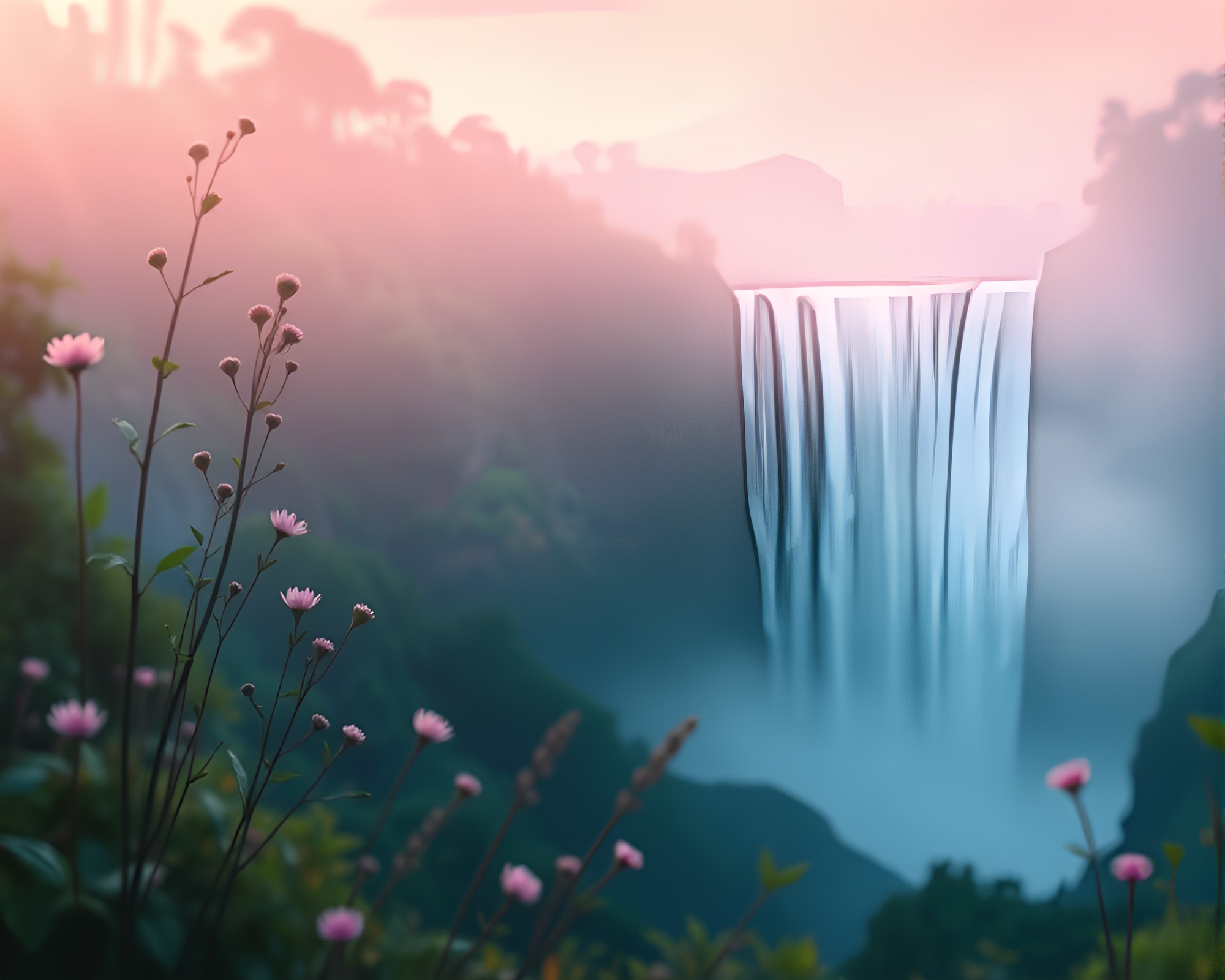 Botanical Waterfall at Digital Twilight – free AI stock image