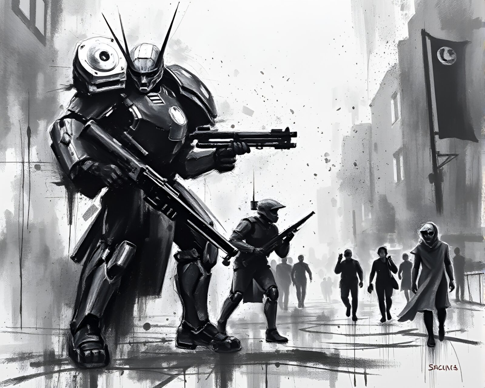 Impressionist painting of a sci-fi mech covered in tags