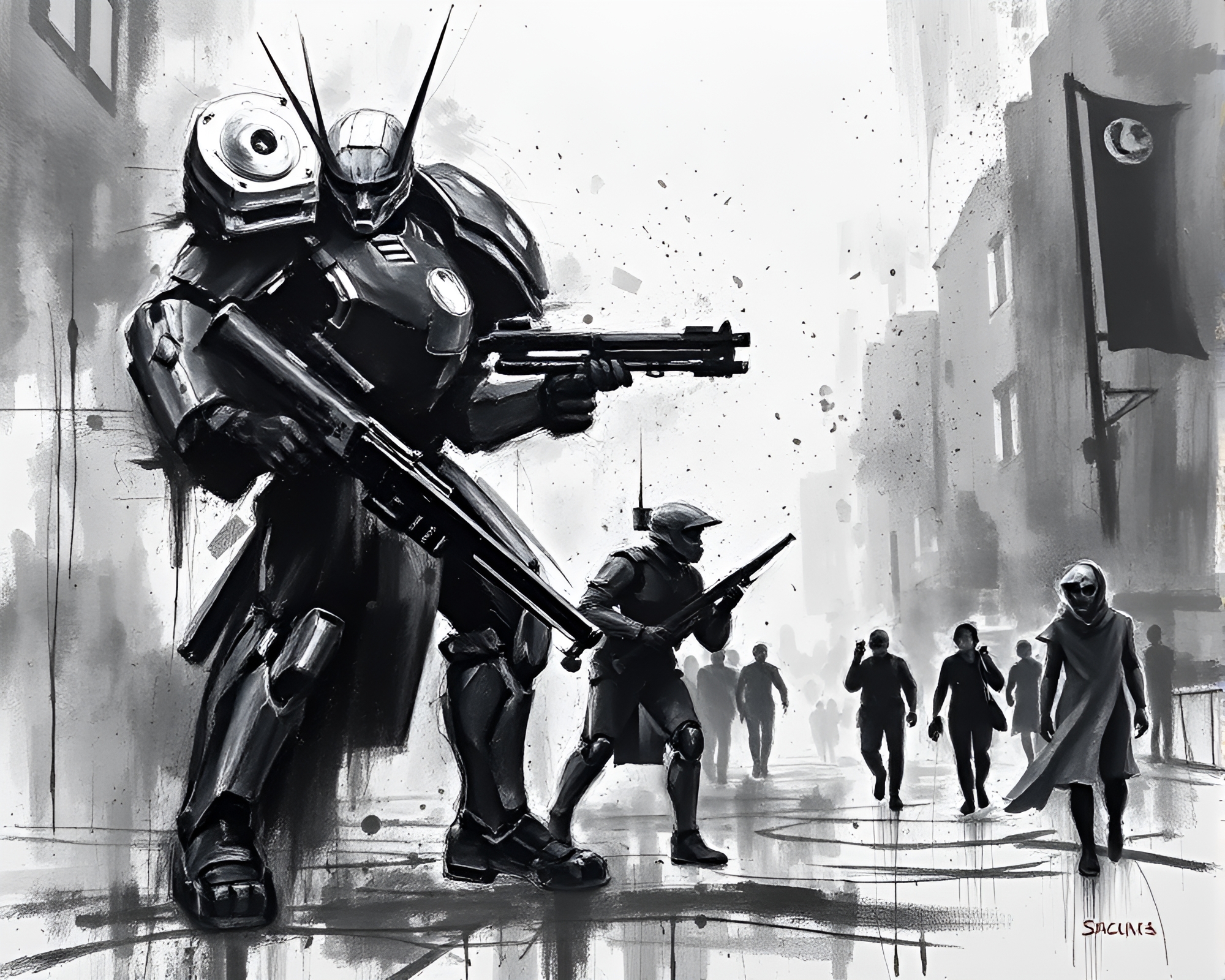 Charcoal Black Battle Mech Graffiti Street Art – free AI stock image