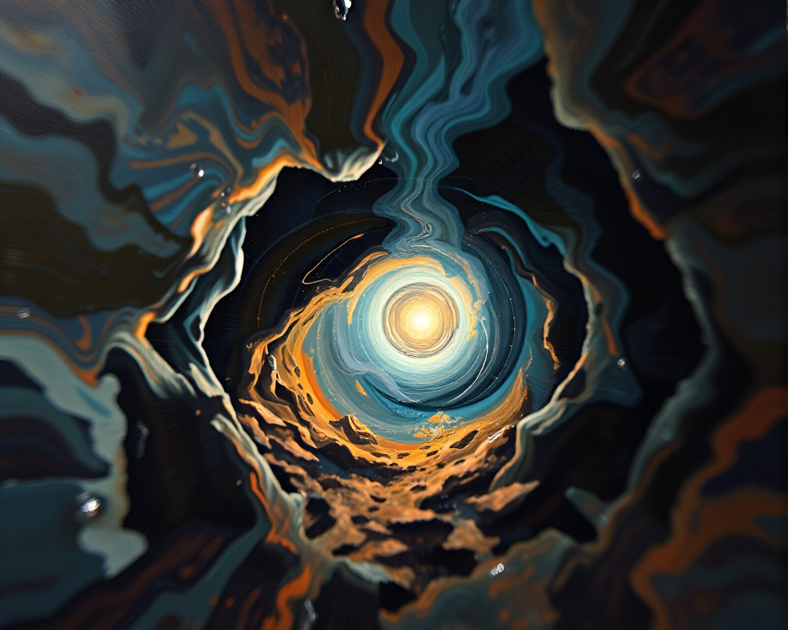 Surreal acrylic swirls in a retro cave setting