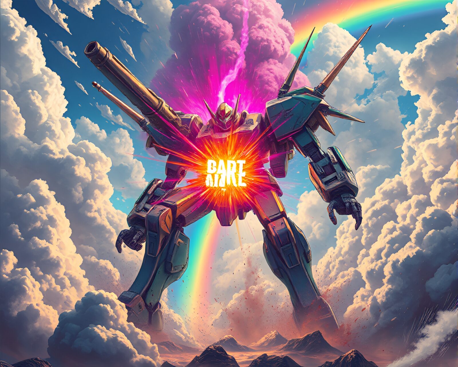 High dynamic range image of a cosmic battle mech surrounded by explosion cloud with rainbow hues