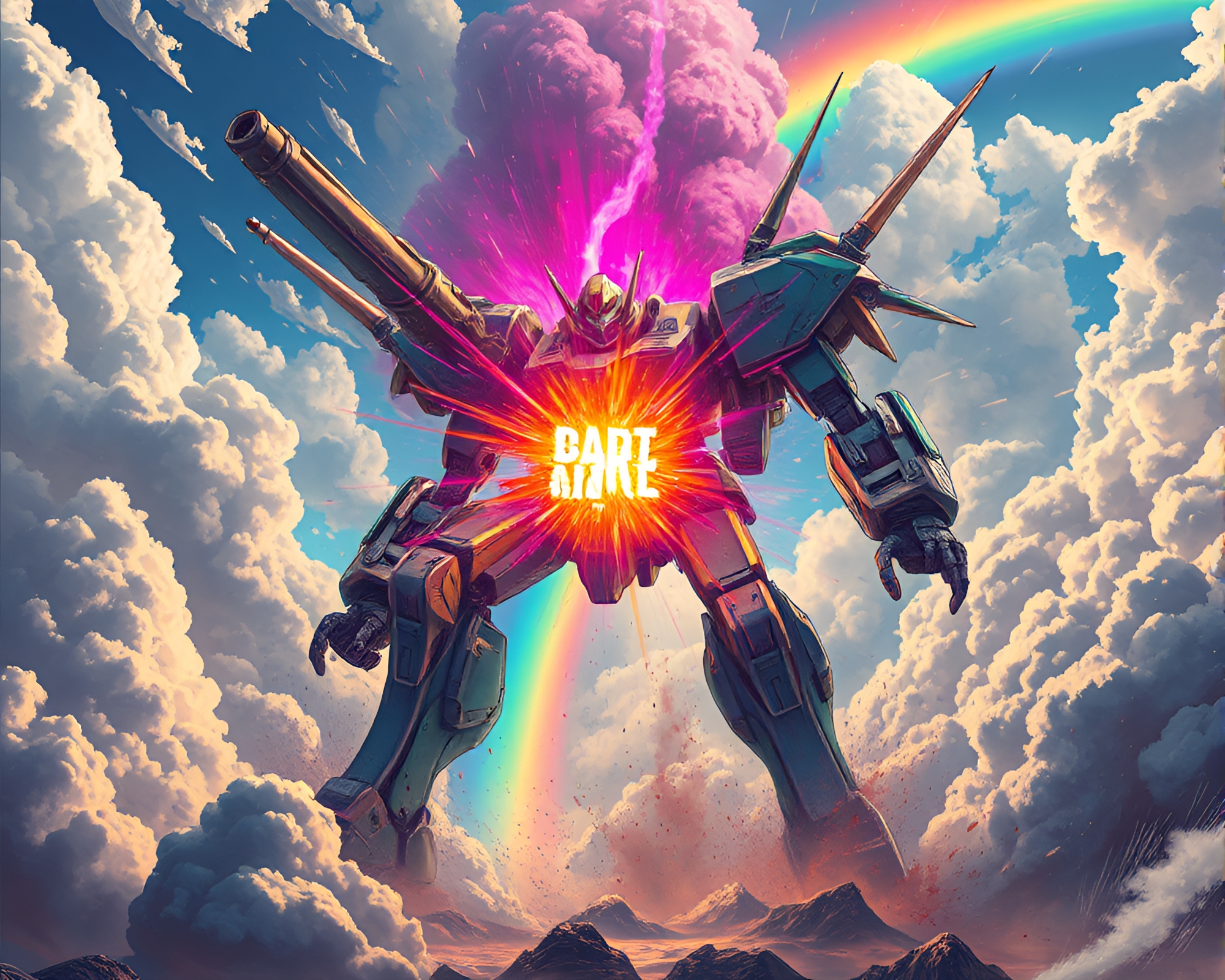 Cosmic Battle Mech Engulfed in Explosive Rainbow – free AI stock image