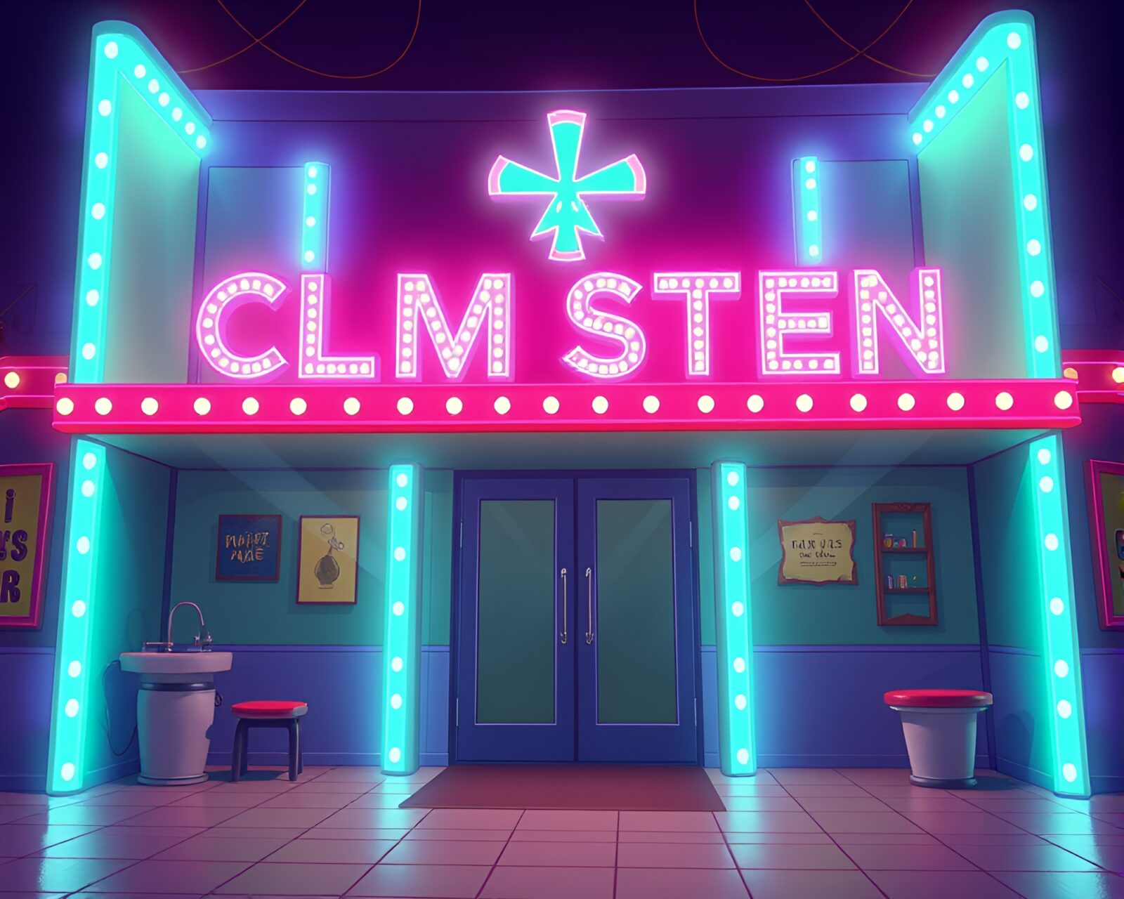 Colorful neon sign in cartoon style with film burns