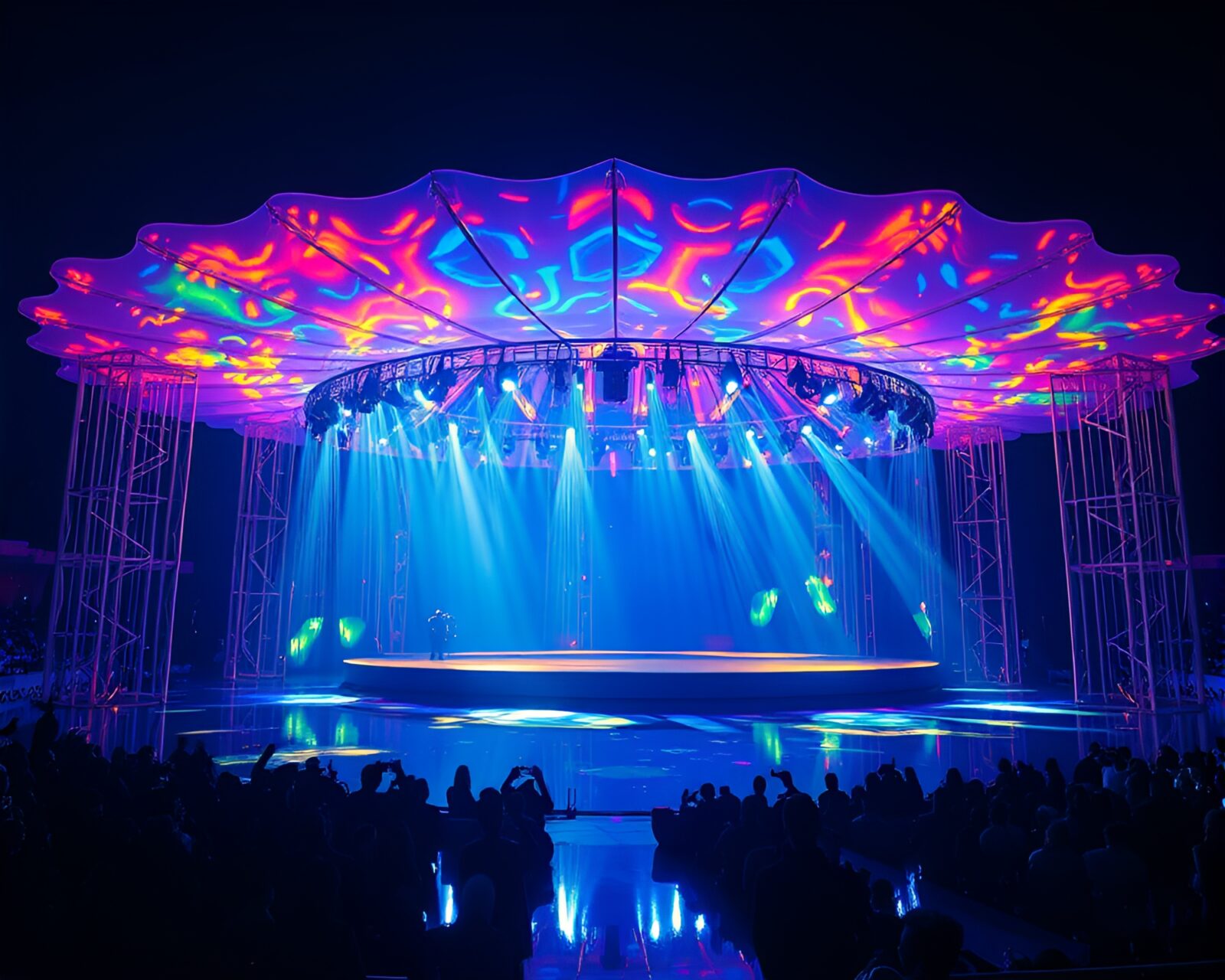 Vibrant soap film creating floating concert stage with lights