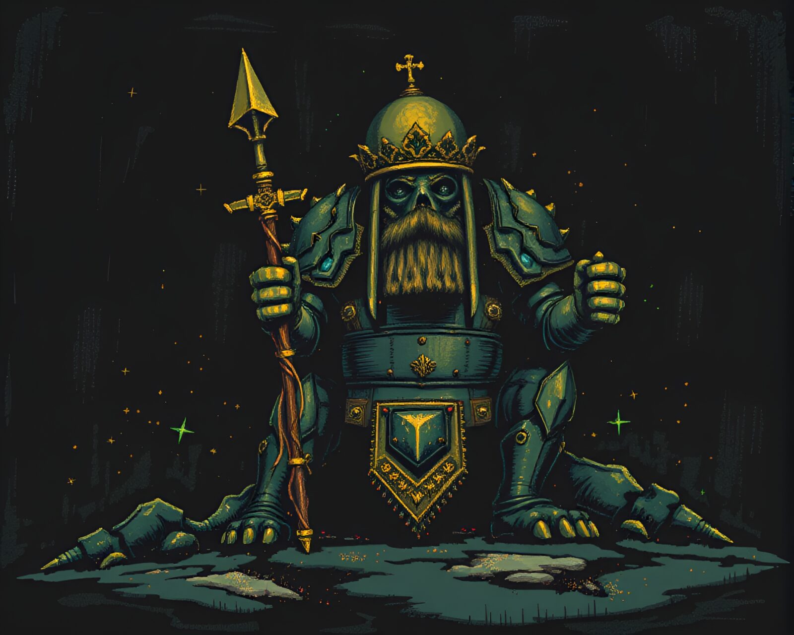 Golem figure with bronze sheen in pixelated chalk style