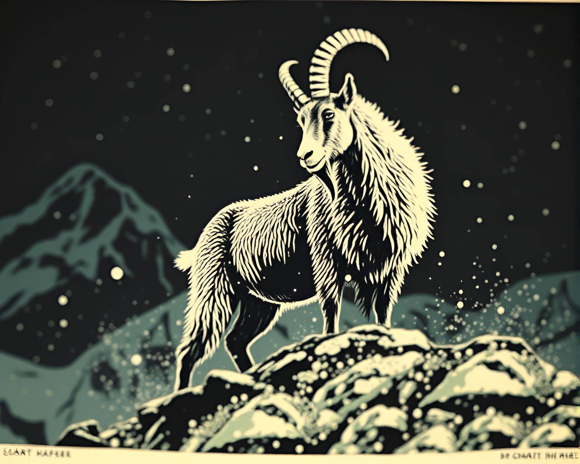 Majestic Mountain Goat in Linocut Print Style – free AI stock image