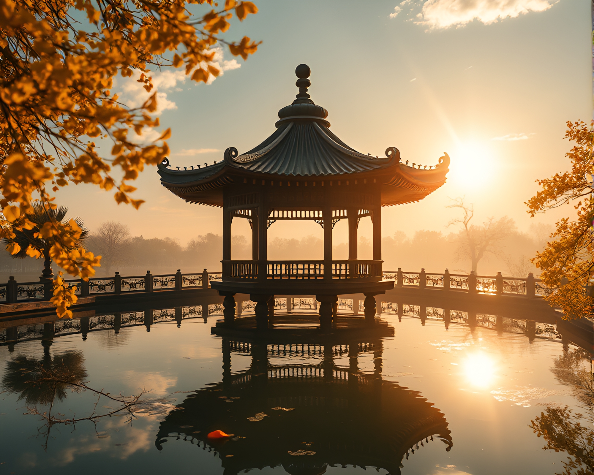 Morning Glow in Floating Pavilion Collage – free AI stock image